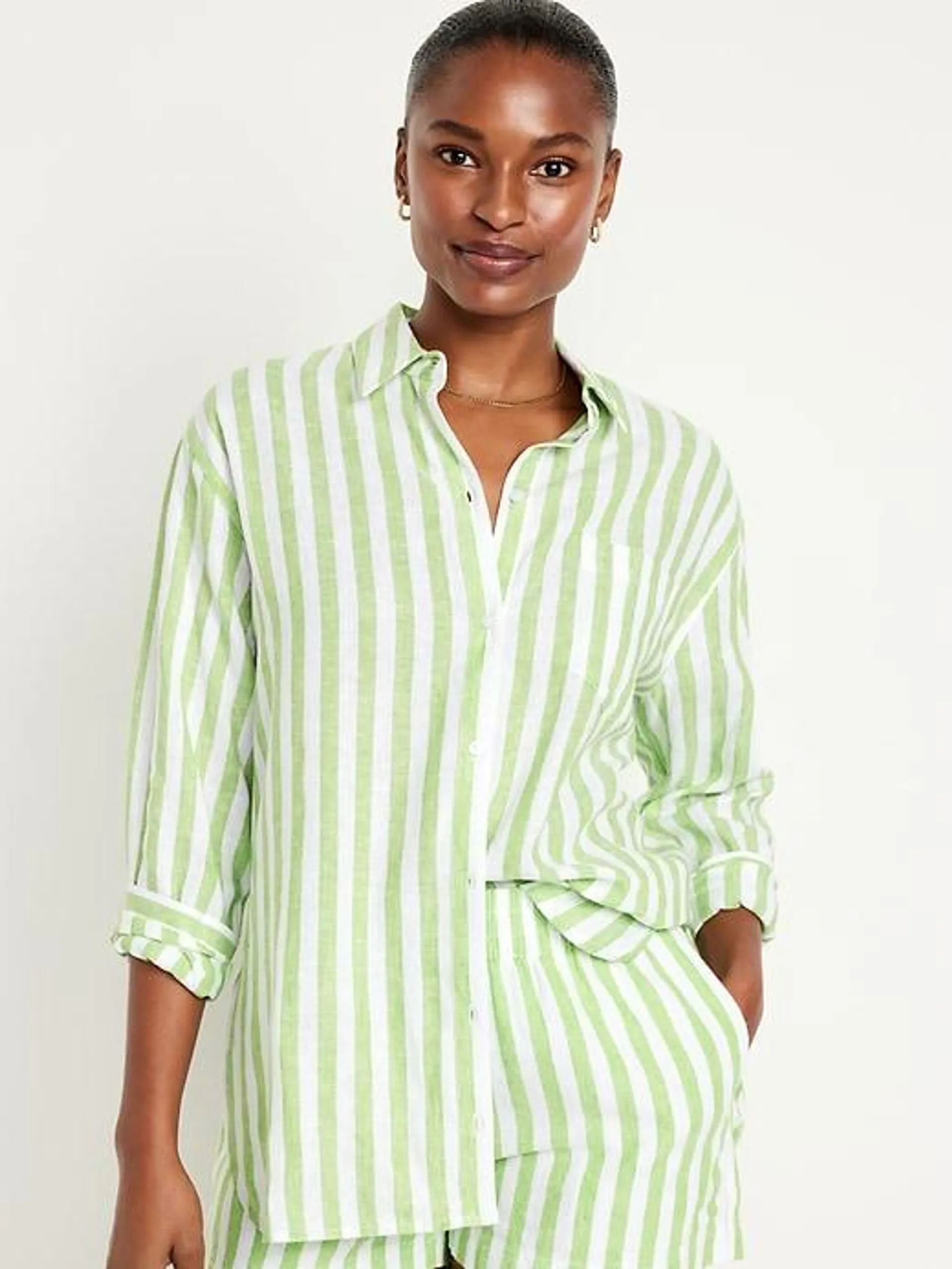 Linen-Blend Button-Down Boyfriend Shirt