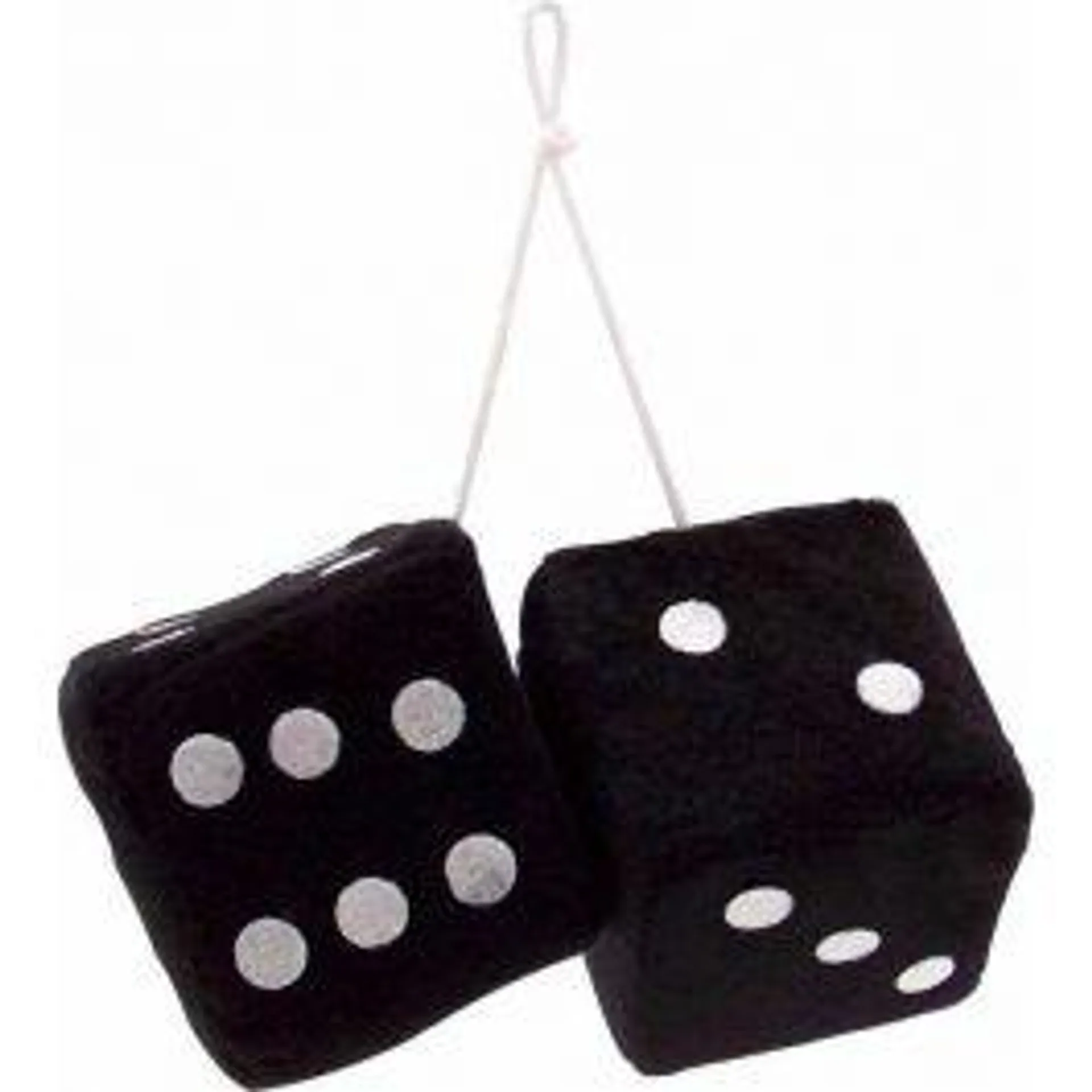 Black coloured Fuzzy Dice with white dots.