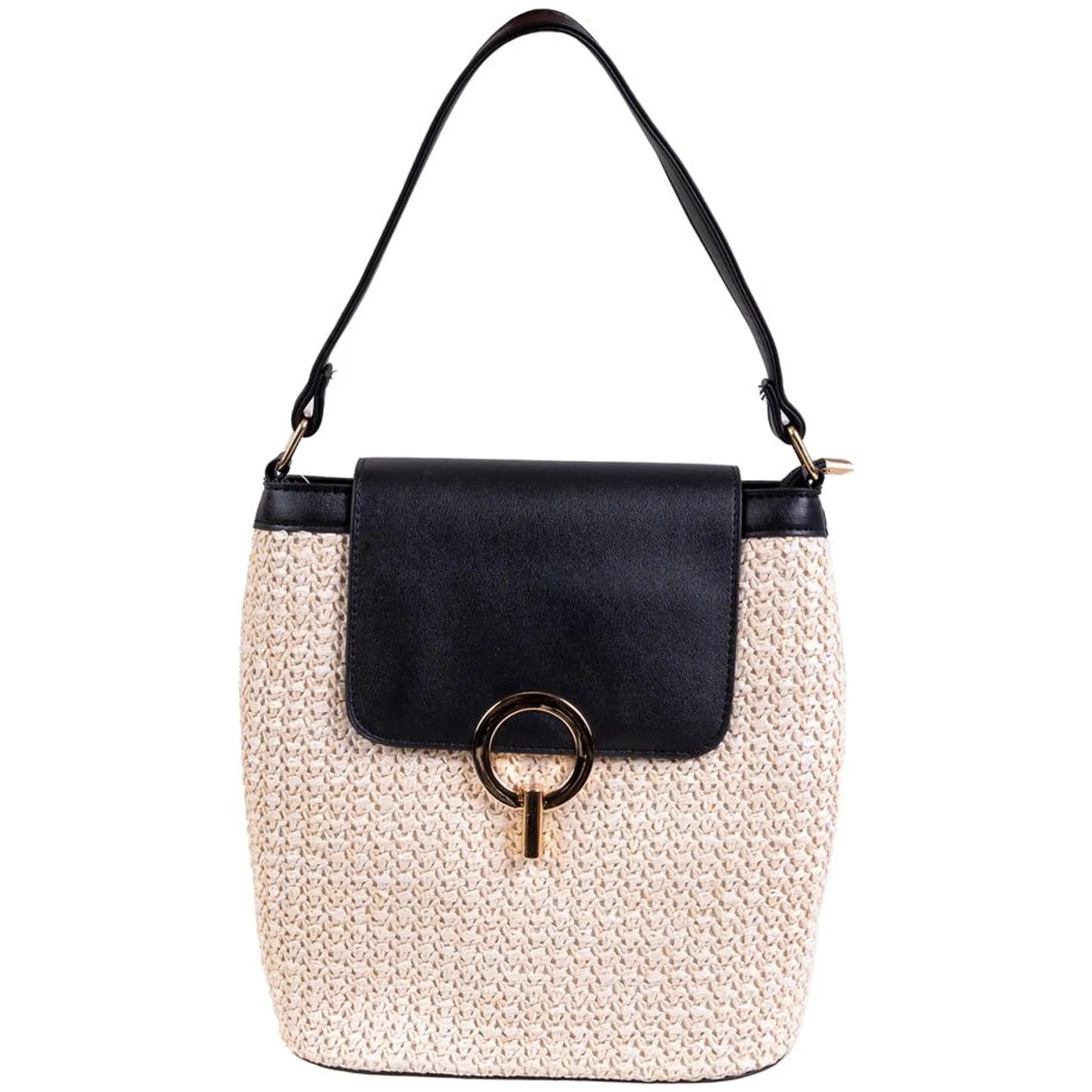 Woven raffia bucket bag with crossbody strap - Ivory