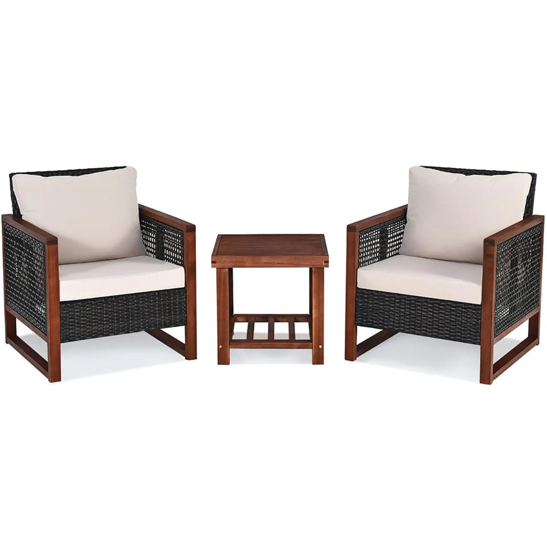 3PCS Patio Wicker Furniture Set Solid Wood Frame Cushion Sofa Square Table Shelf