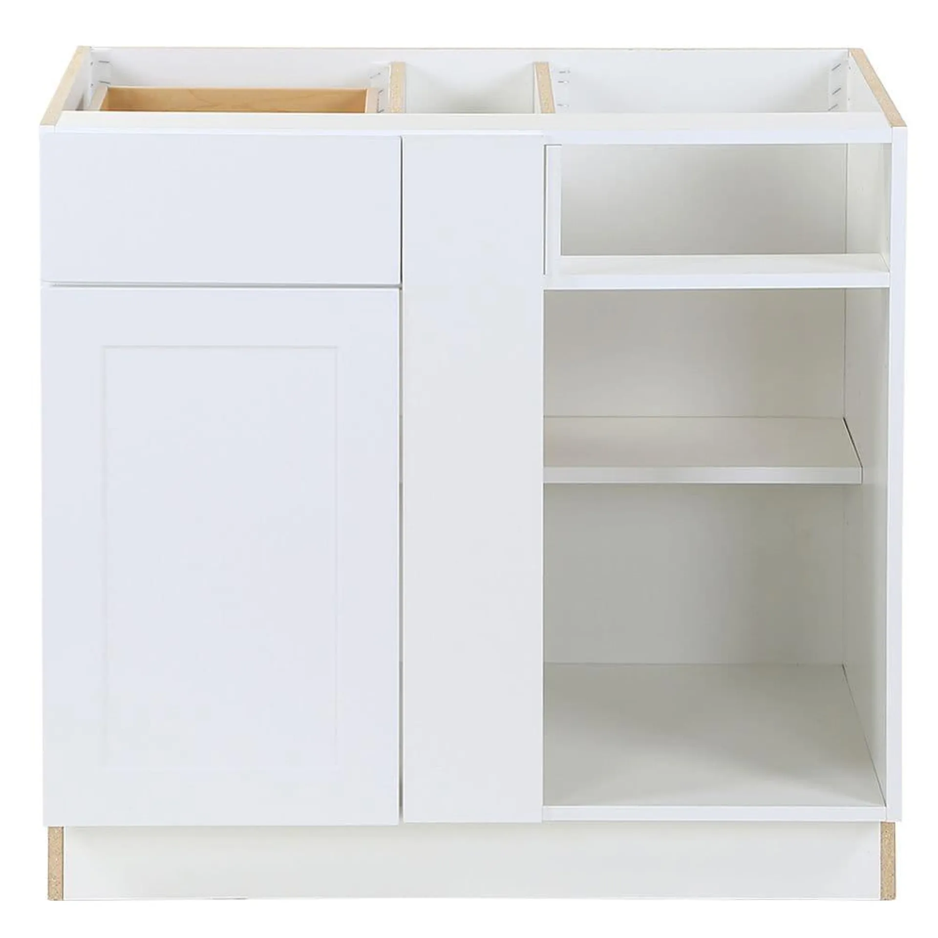 Edson 36-inch W x 34.5-inch H x 24.5-inch D Shaker Style Assembled Kitchen Corner Base Cabinet/Cupboard in Solid White with Adjustable Shelf/Soft Close Drawer (BCL3615)