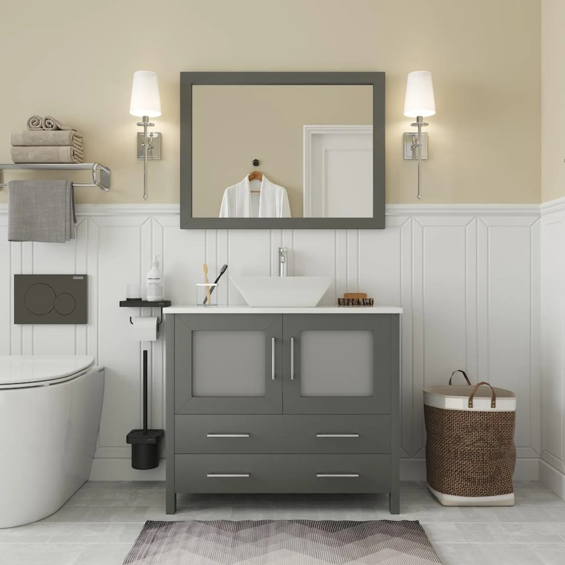 Ravenna 36 inch Bathroom Vanity in Grey with Single Basin Vanity Top in White Ceramic and Mirror