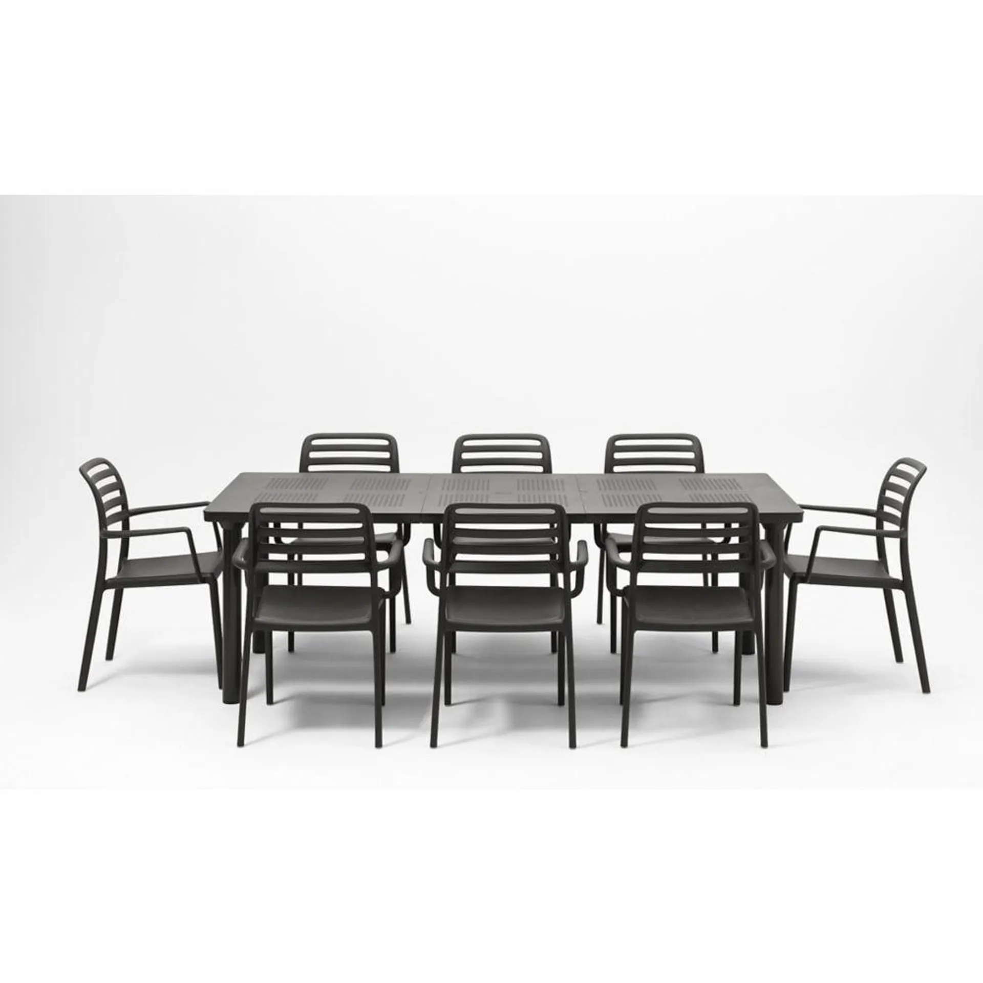 Libeccio Extendable Outdoor Dining Table with 8 Costa Armchairs in Charcoal