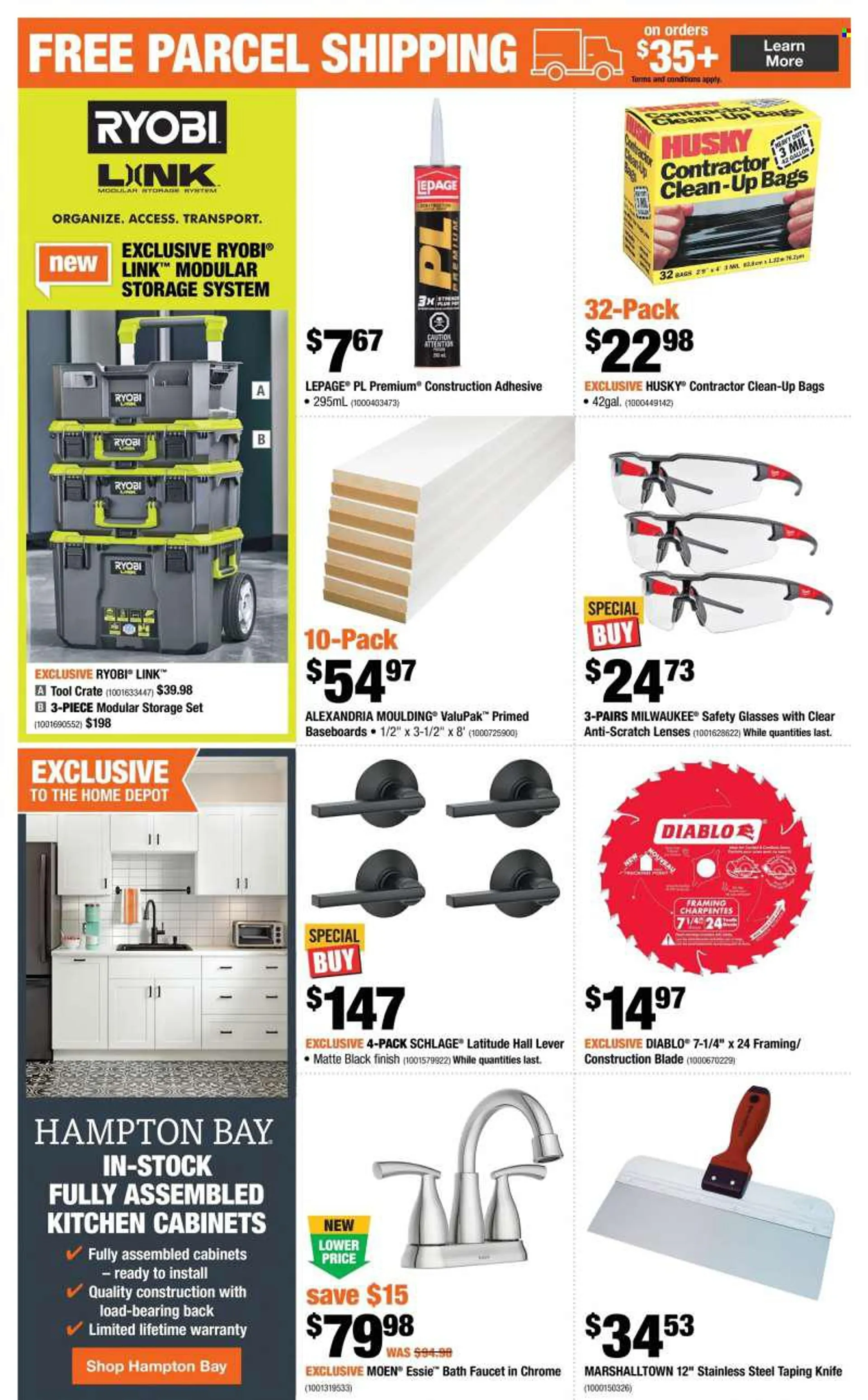 The Home Depot Flyer - August 11, 2022 - August 17, 2022 - Sales products - knife, gallon, food storage container set, crate, bag, kitchen cabinet, bath faucet, faucet, adhesive, Milwaukee, Ryobi, safety glasses. Page 3.