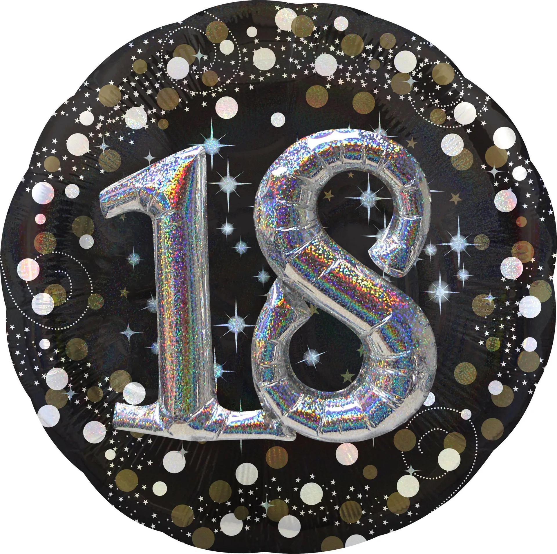 Sparkling Celebration "18" 3D Round Satin Foil Balloon, Black/Gold, Polka Dot, 32-in, Helium Inflation & Ribbon Included for Birthday Party