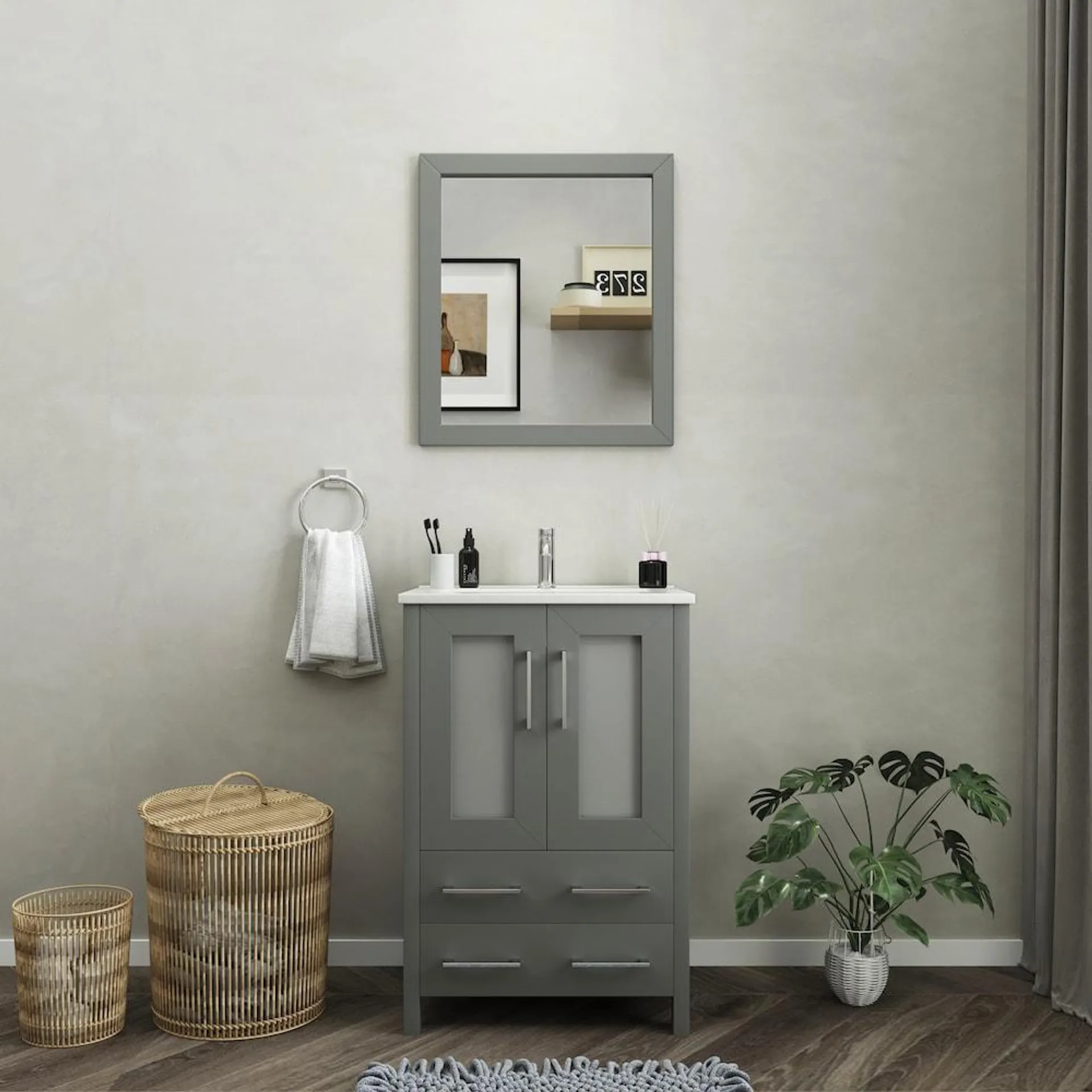 Brescia 24 inch Bathroom Vanity in Grey with Single Basin Vanity Top in White Ceramic and Mirror