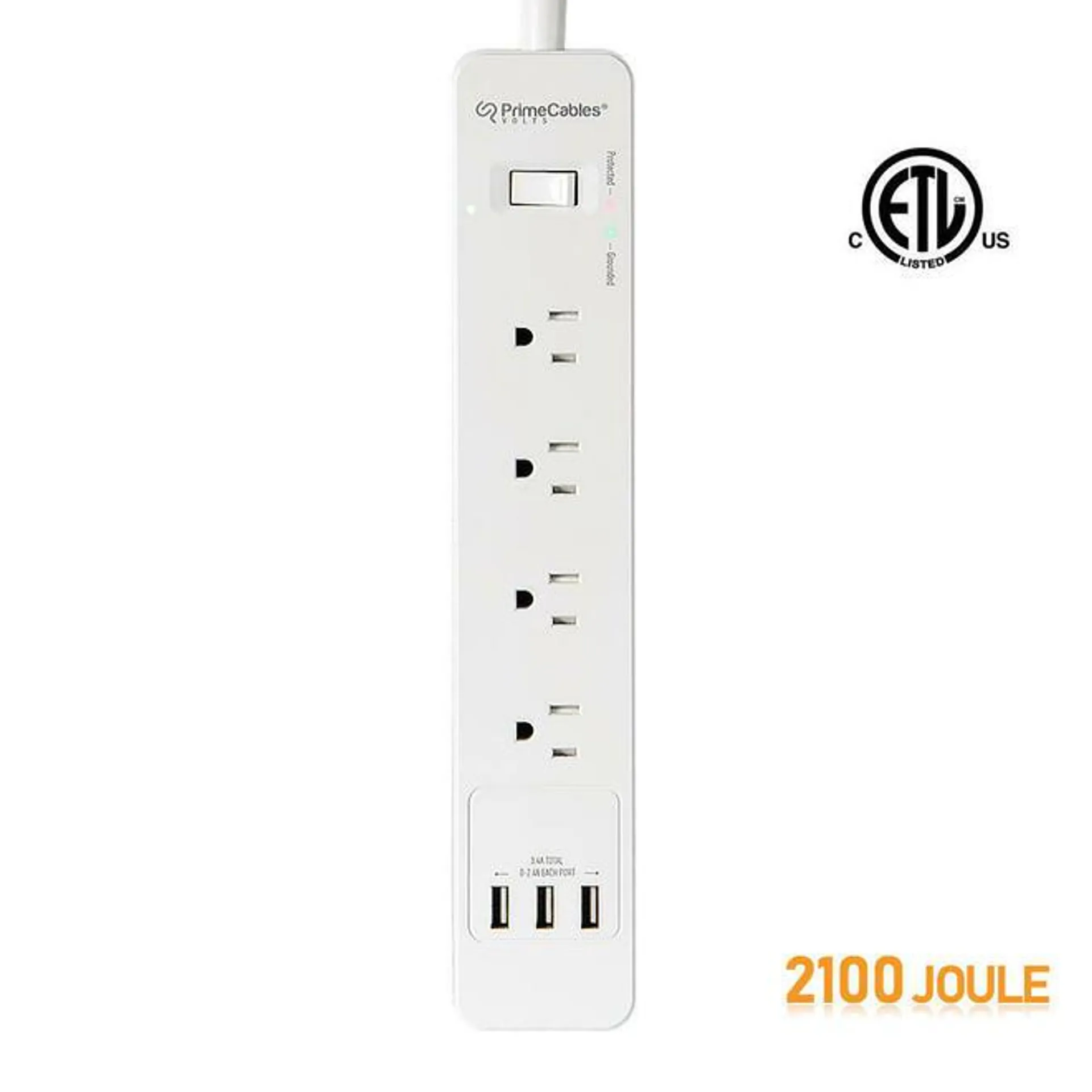 4 Outlet Type 3 Surge Protector Power Strip with 3 USB Ports, 2100 Joule, 1.5M Cord - PrimeCables®