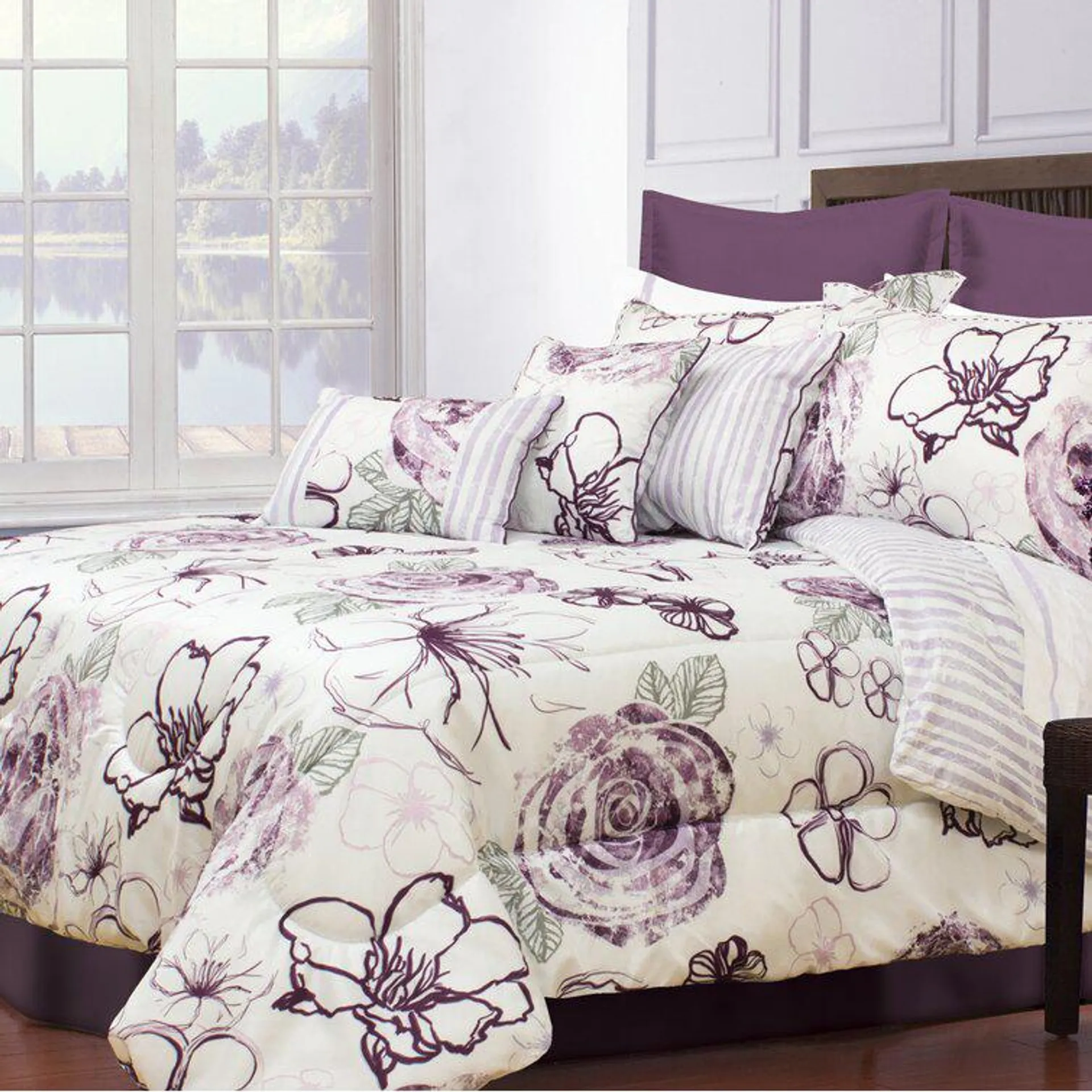 Merwin Beige/Purple Microfiber Modern & Contemporary 7 Piece Comforter Set