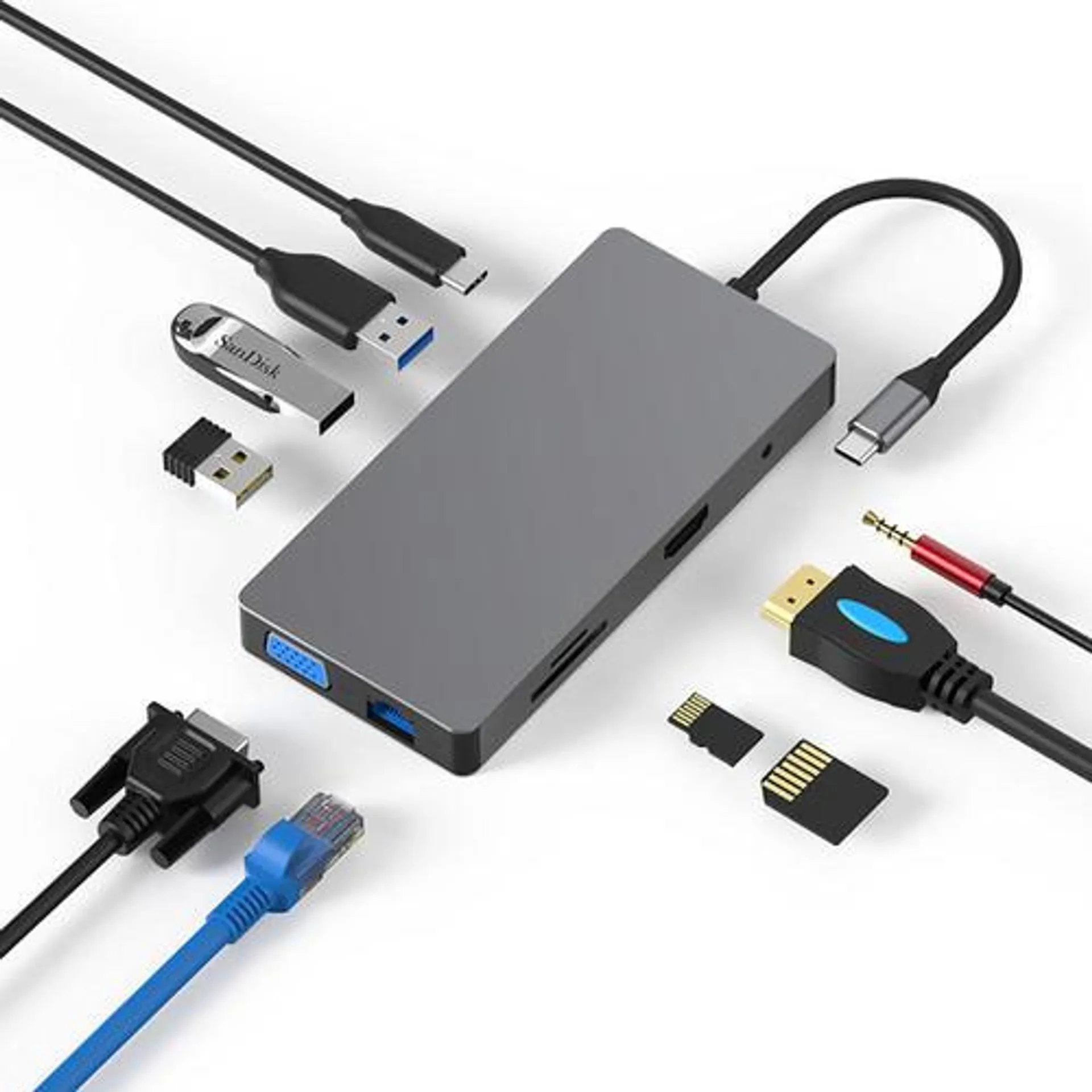 10-in-1 USB C Hub to HDMI, 3 USB Ports, VGA, PD Charging, RJ45, SD/TF, 3.5mm Audio-PrimeCables®