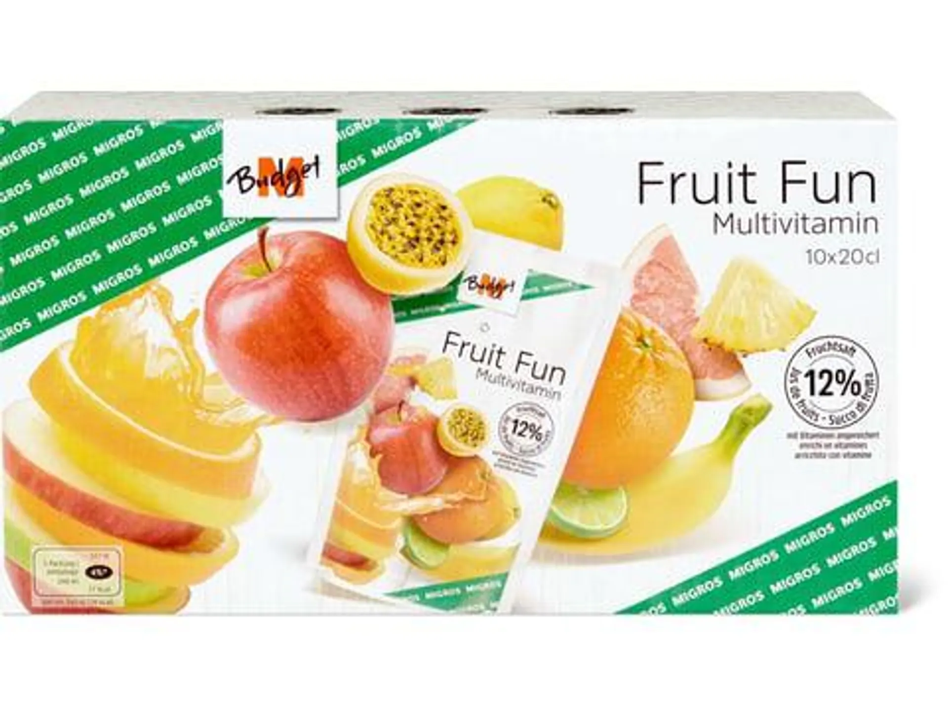 M-Budget Fruit Fun · Multivitamin Fruchtsaft · Mit 12% Fruchtsäften und 9 Vitaminen