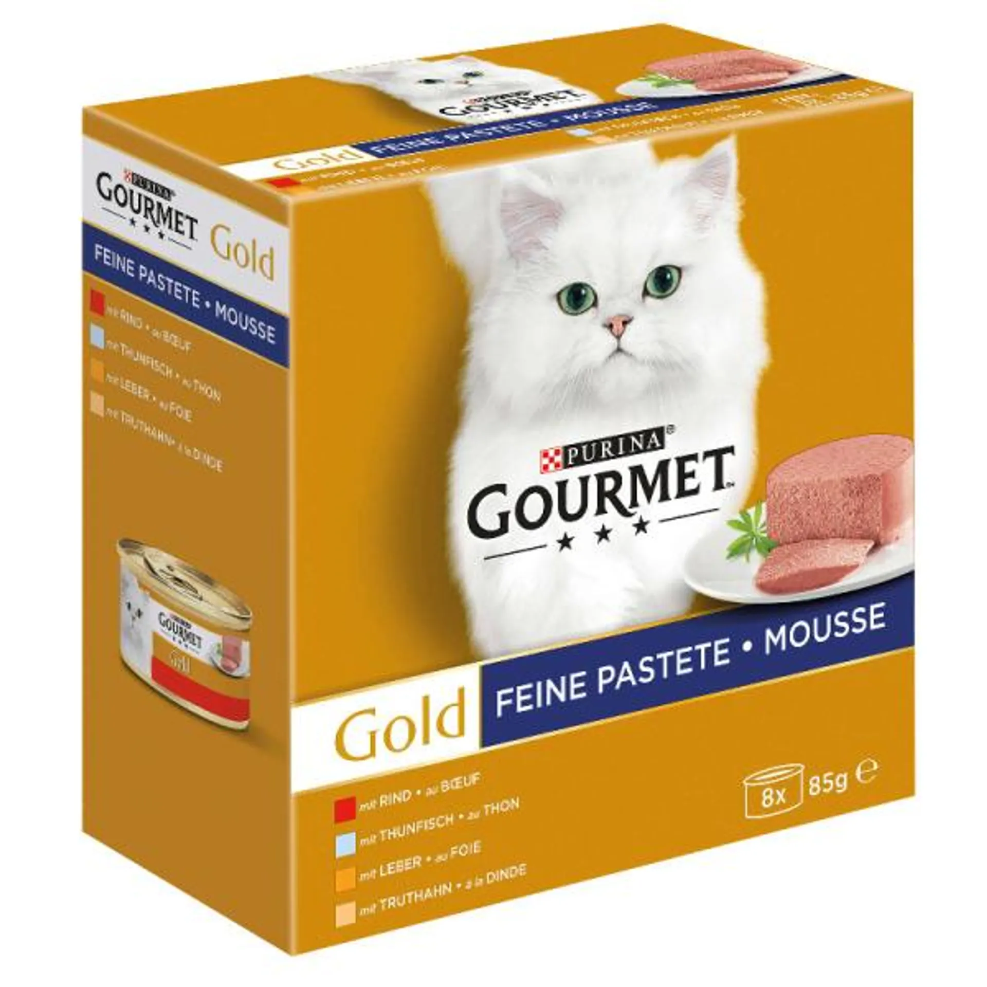 Gourmet Gold Feine Pastete mit Thunfisch, Leber, Truthahn, Rind 8x85g