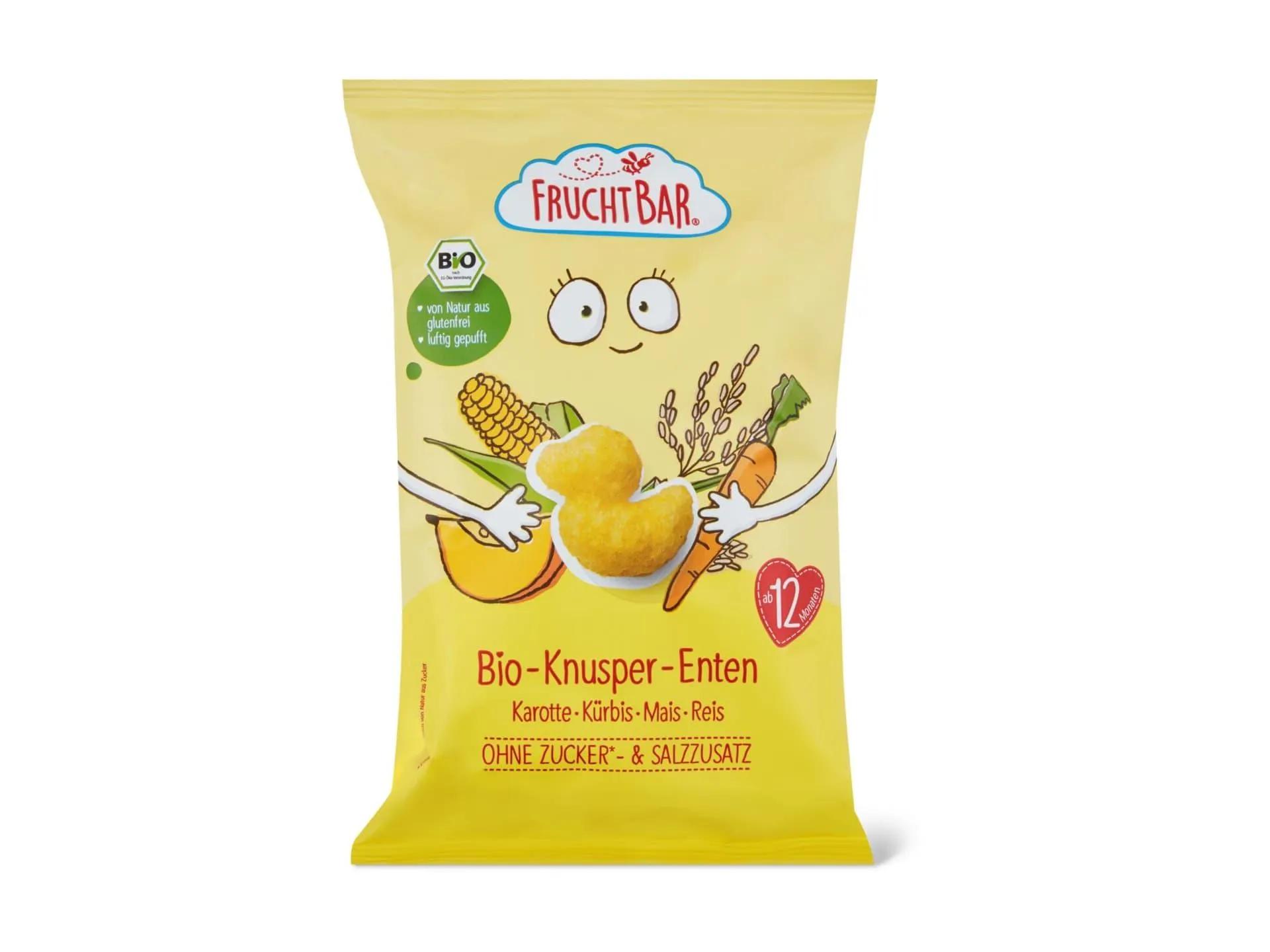 Fruchtbar Bio · Gepuffter Snack, Karotte, Kürbis, Mais & Reis · Ab 12 Monaten