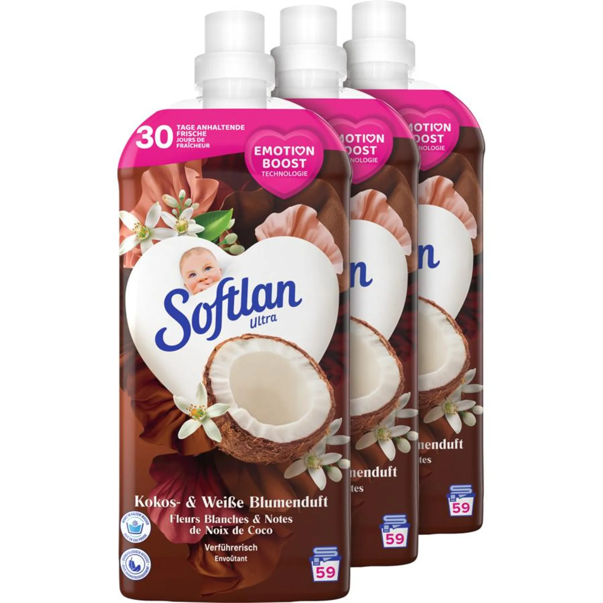 Softlan Kokos und weisse Blumen 3 x 1,3 Liter