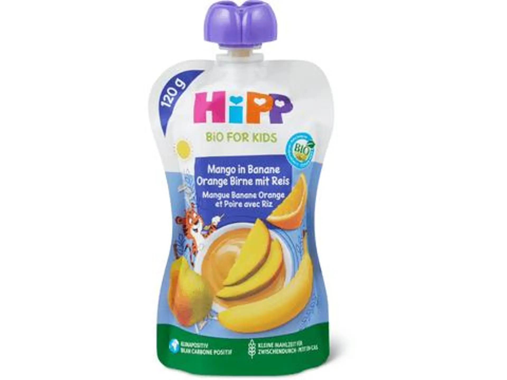 HiPP Bio Hippis Sport · Quetschbeutel für Babys Mango in Banane-Orange-Birne mit Reis · Ab 12 Monaten