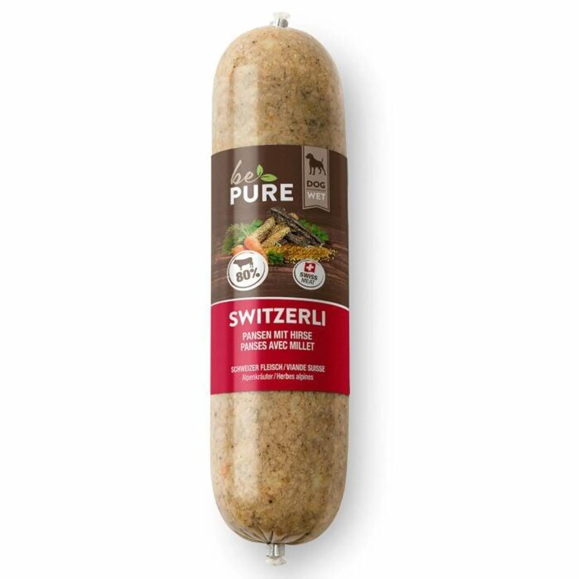 bePure Hundefutter Switzerli Wurst Pansen mit Hirse