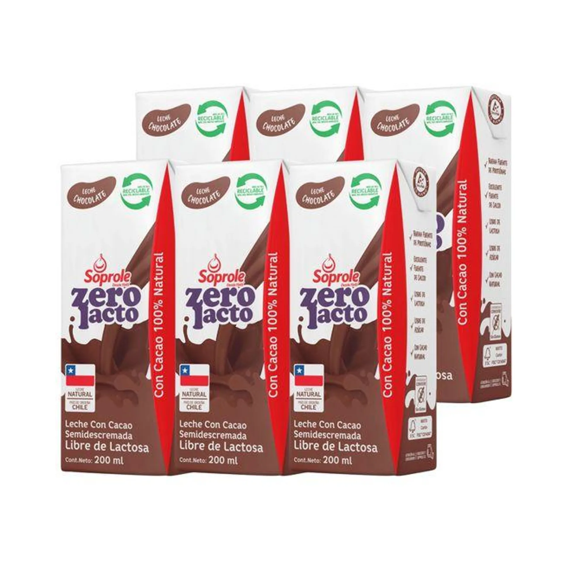 Pack Leche Soprole Sin Lactosa Chocolate 200 ml 6 un.