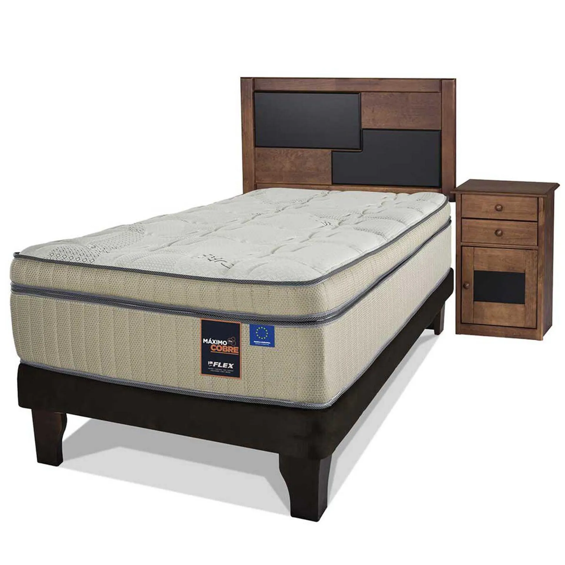 Cama Europea Flex 1,5 Plazas Máximo Cobre + Respaldo + Velador Colonia