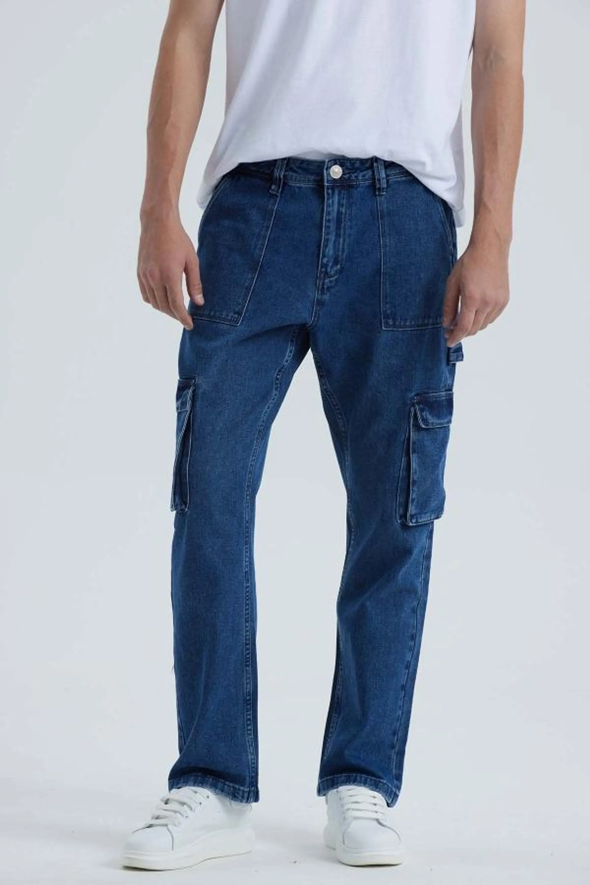 Jeans hombre cargo carpintero azul medio