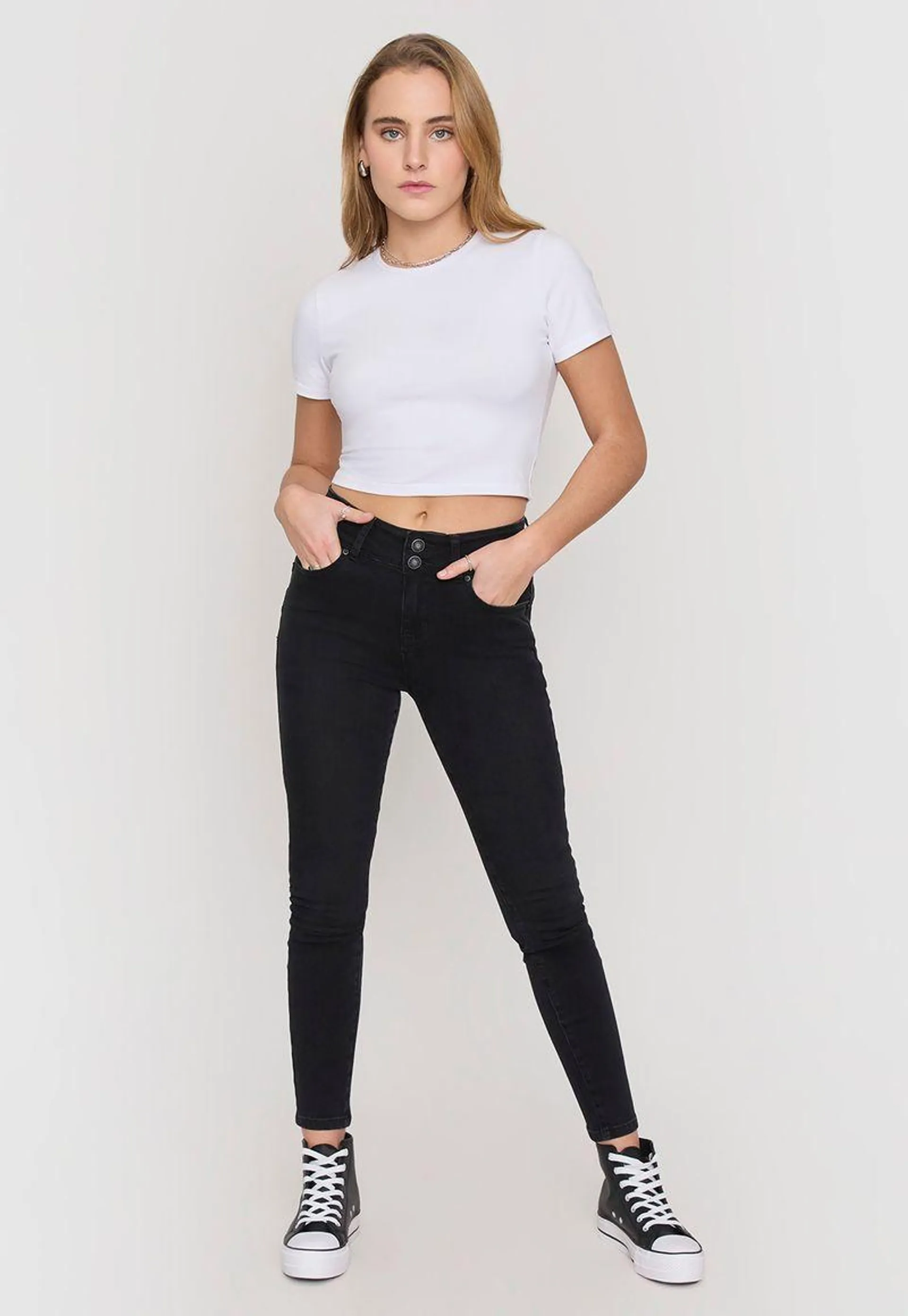 Jeans Negro Mujer High Waist 2 Botones