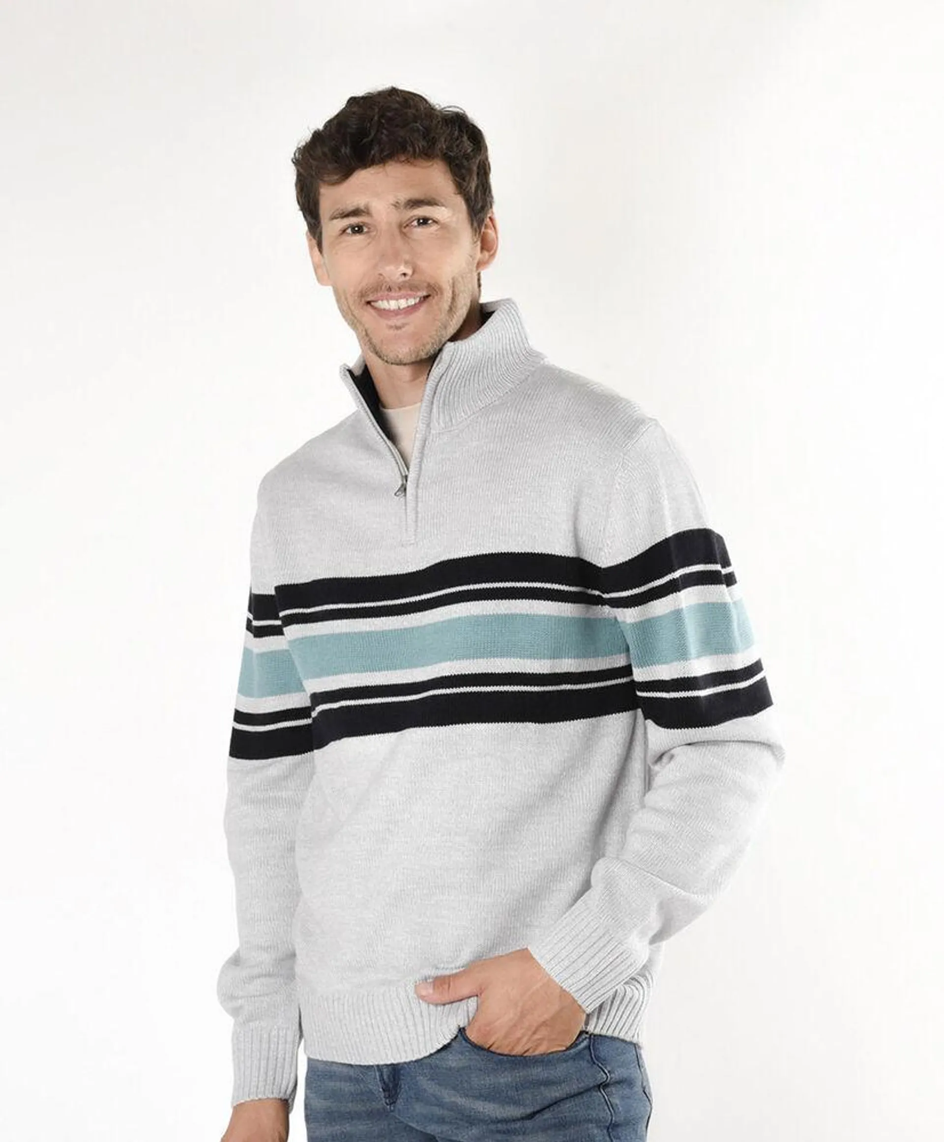 Sweater hombre líneas tricolor gris