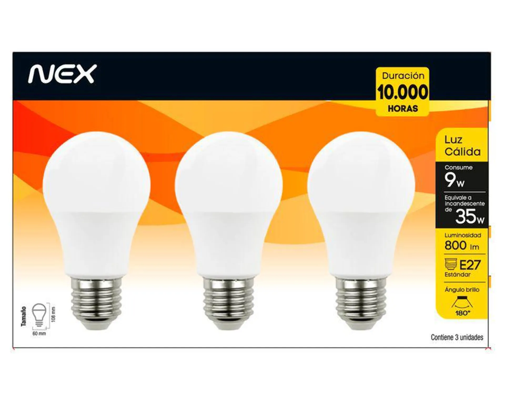 Ampolleta LED 9W E27 luz cálida 3 unidades Nex