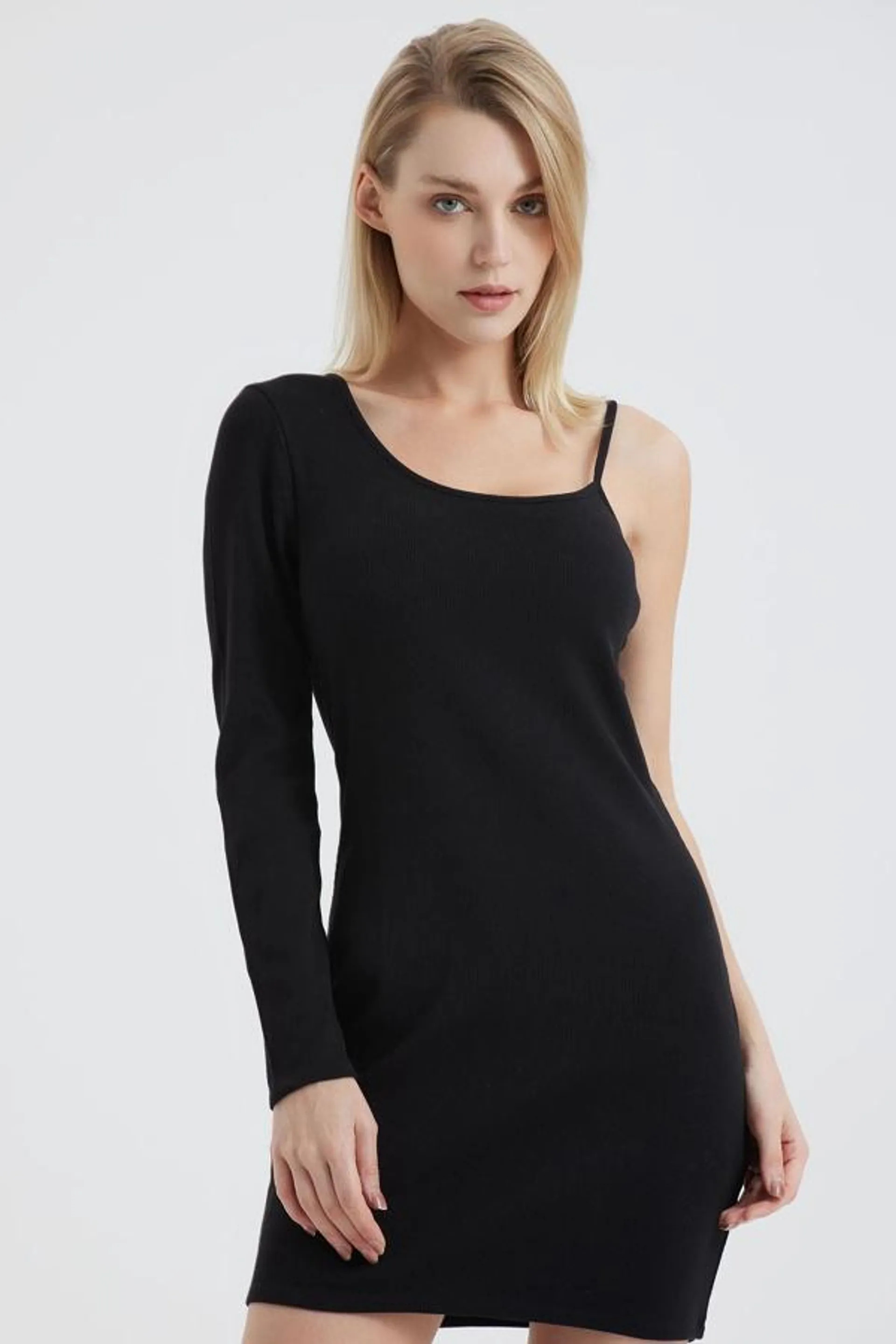 Vestido mujer rib asimetrico negro