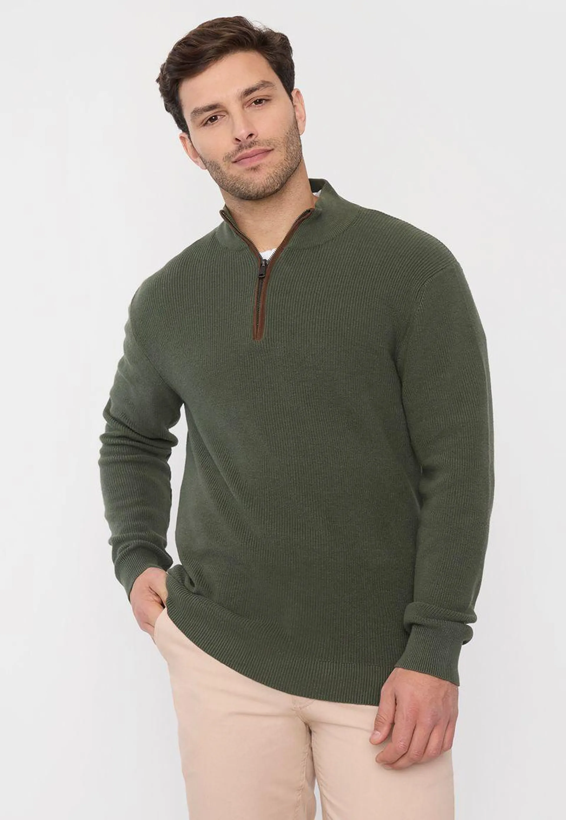 Sweater Hombre Half Zipper Suede Verde