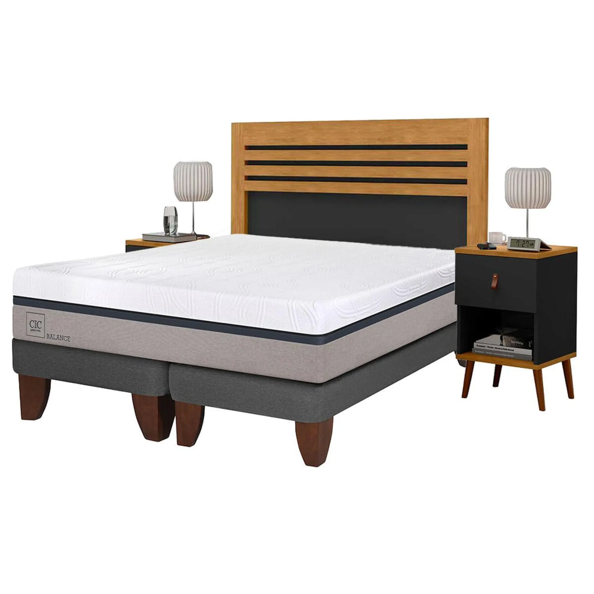 Combo Cama Europea CIC Base Dividida 2 Plazas Balance + Respaldo + 2 Veladores Casanova 2 Plazas Naturale Negro