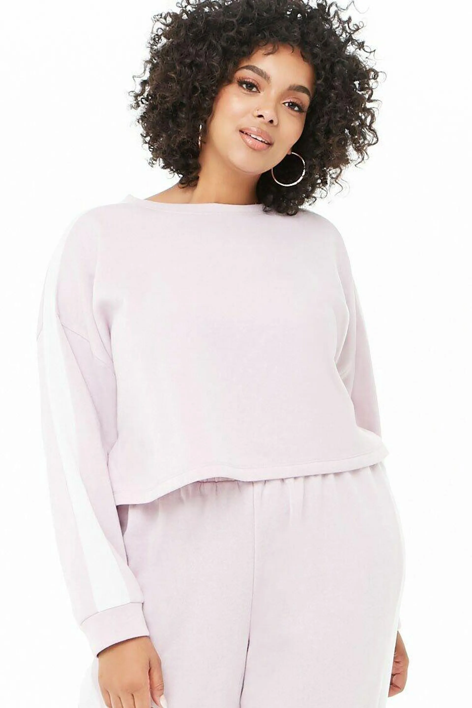 Plus Size Cropped Fleece Sweatshirt Lilac White