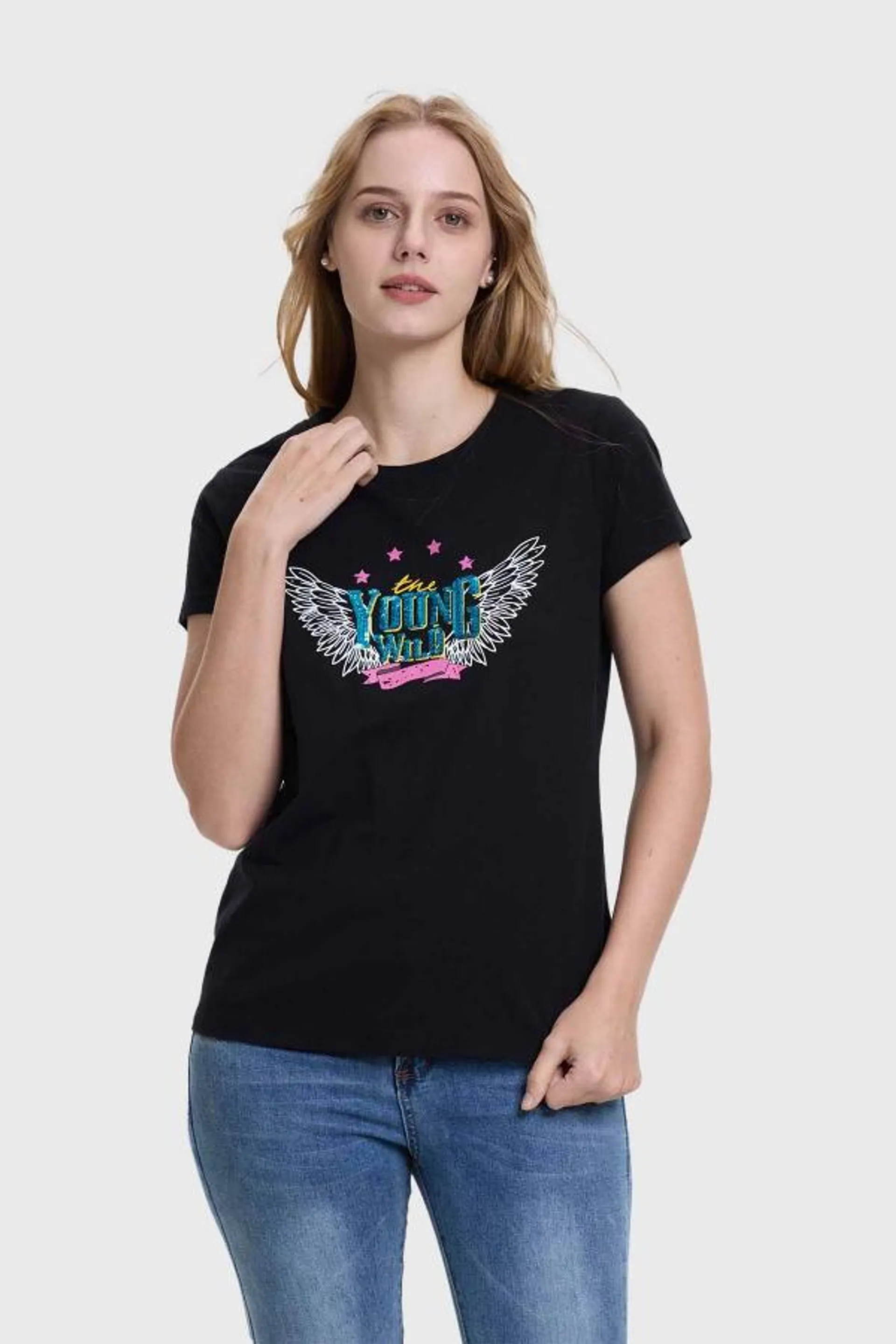 Polera mujer bÁsica print negro / silver