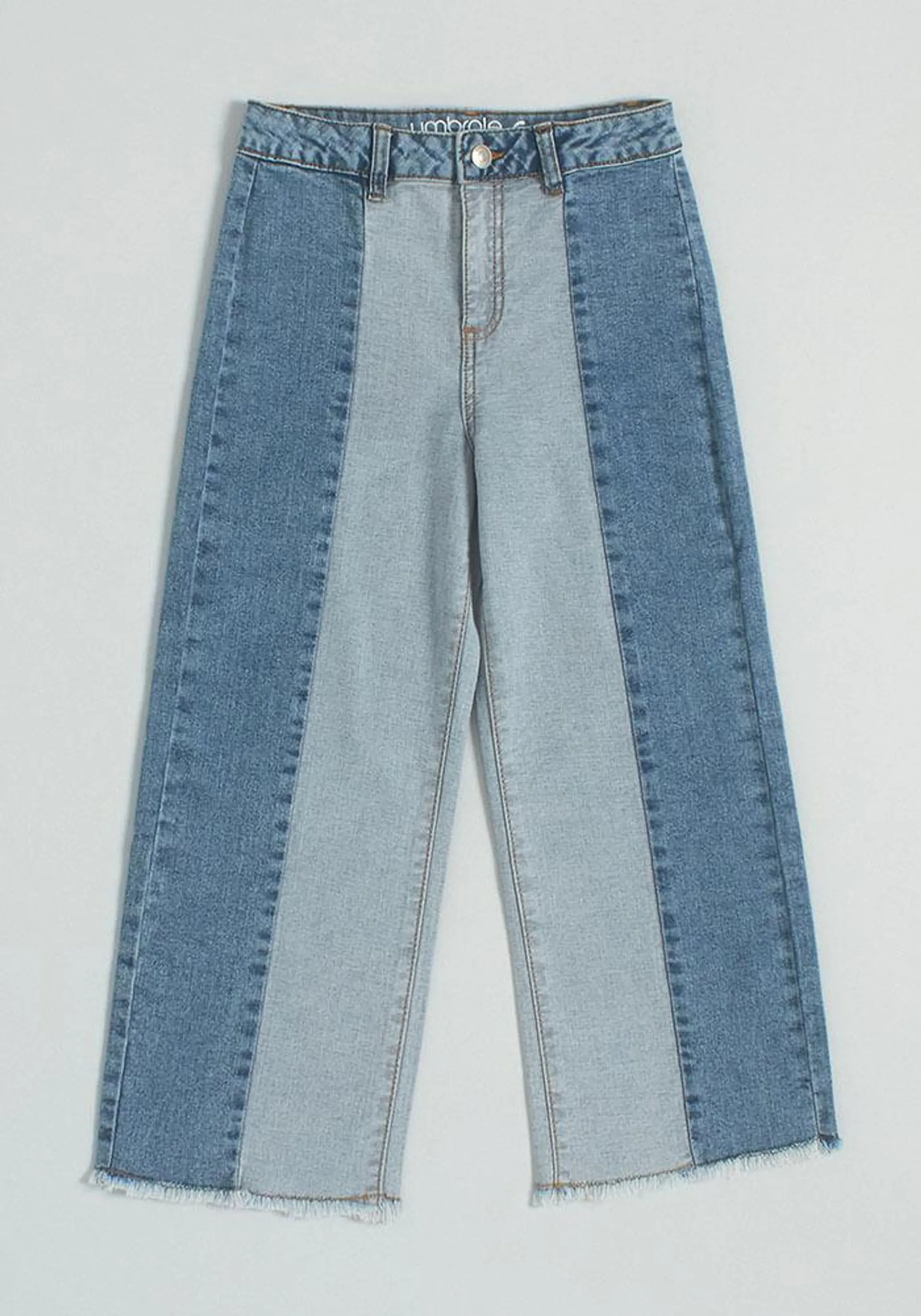 Jeans Marine Con Dos Colores De Denim Y Bordados Wide Leg 98% Cotton 2% Spandex Denim 9.5oz