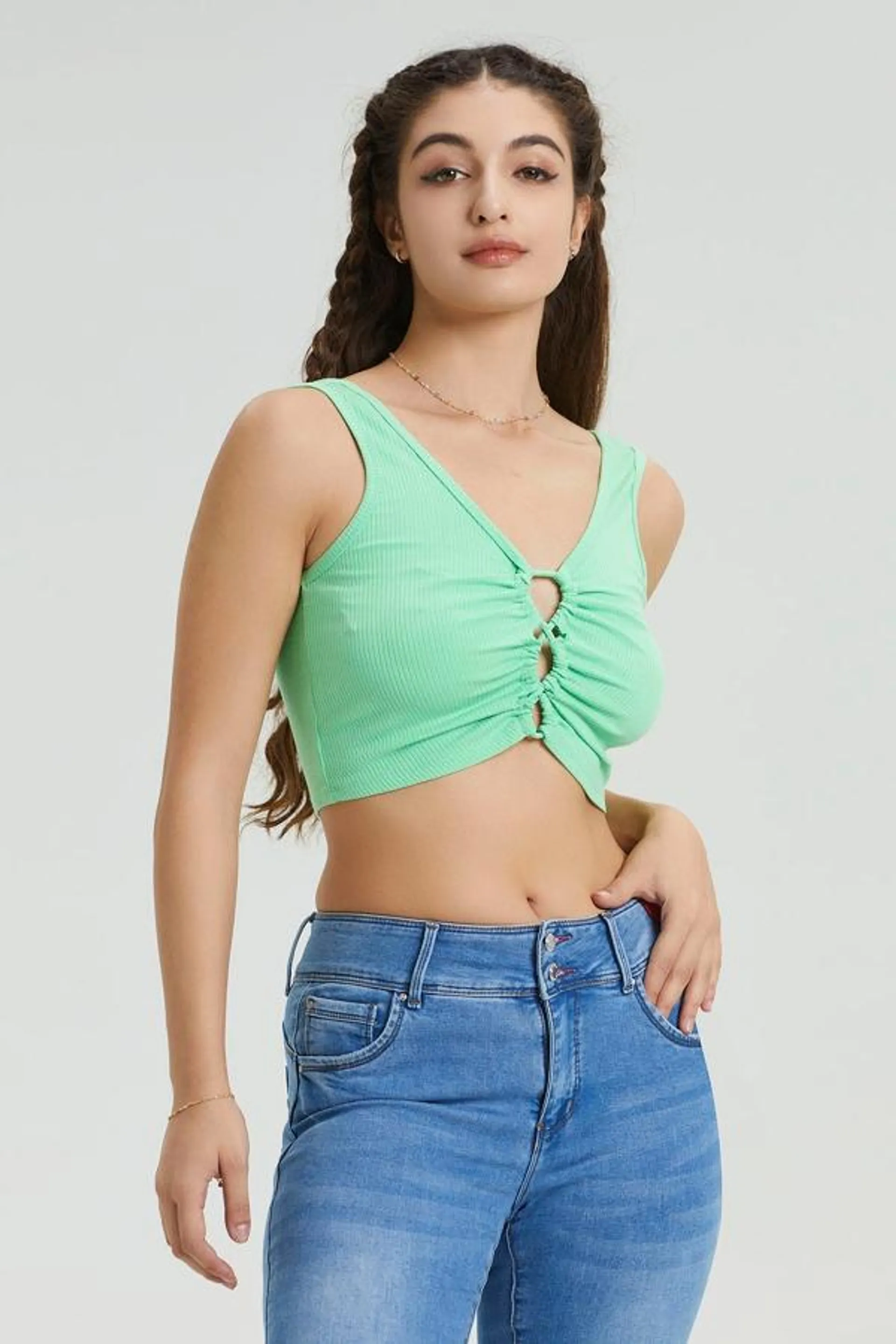 Polera mujer top abertura delantero verde menta