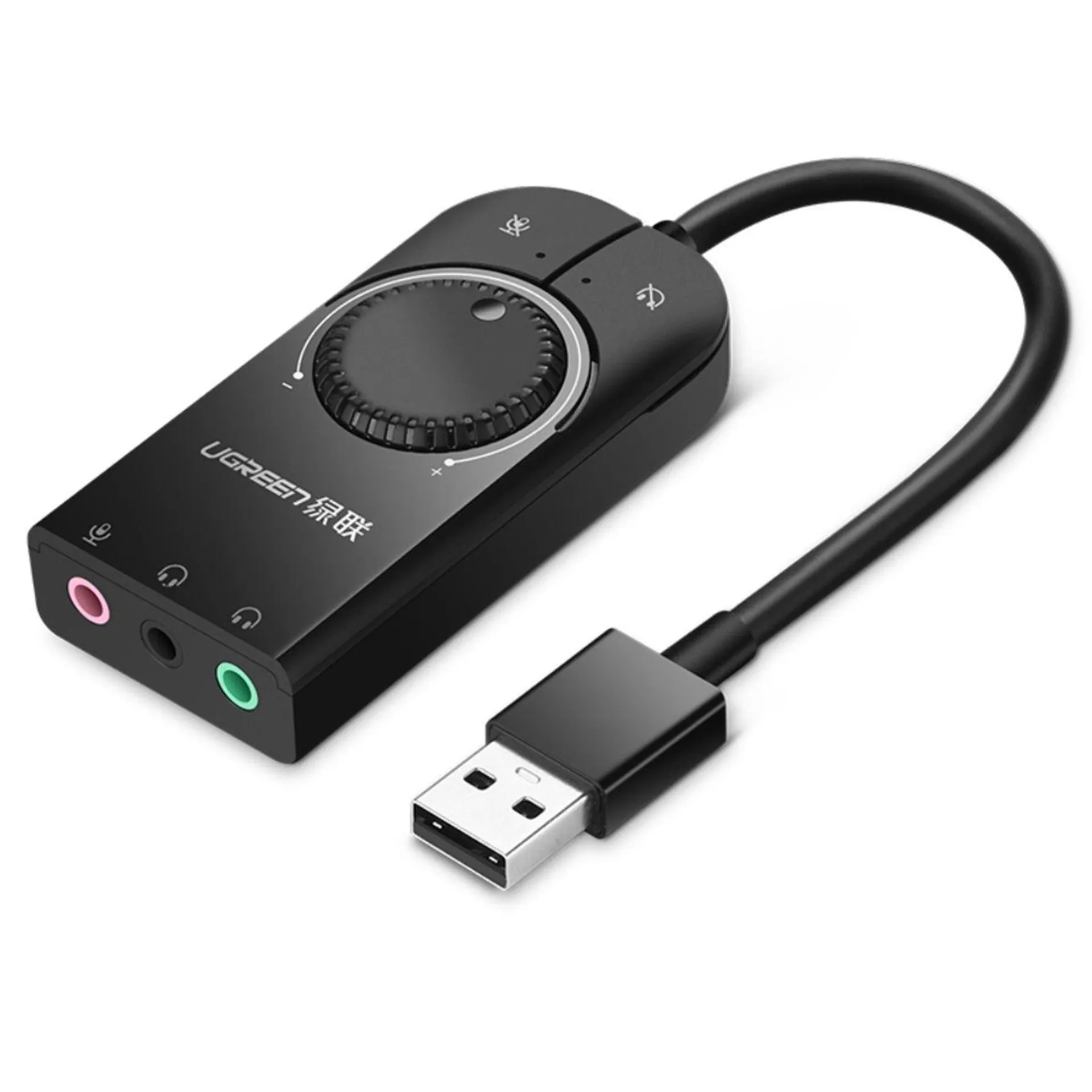 UGREEN TARJETA DE AUDIO EXTERNA 2.0 USB-A/ 2JACK 3.5MM M/2H (ESTEREO + MIC) + CONTROLES NEGRO CM129