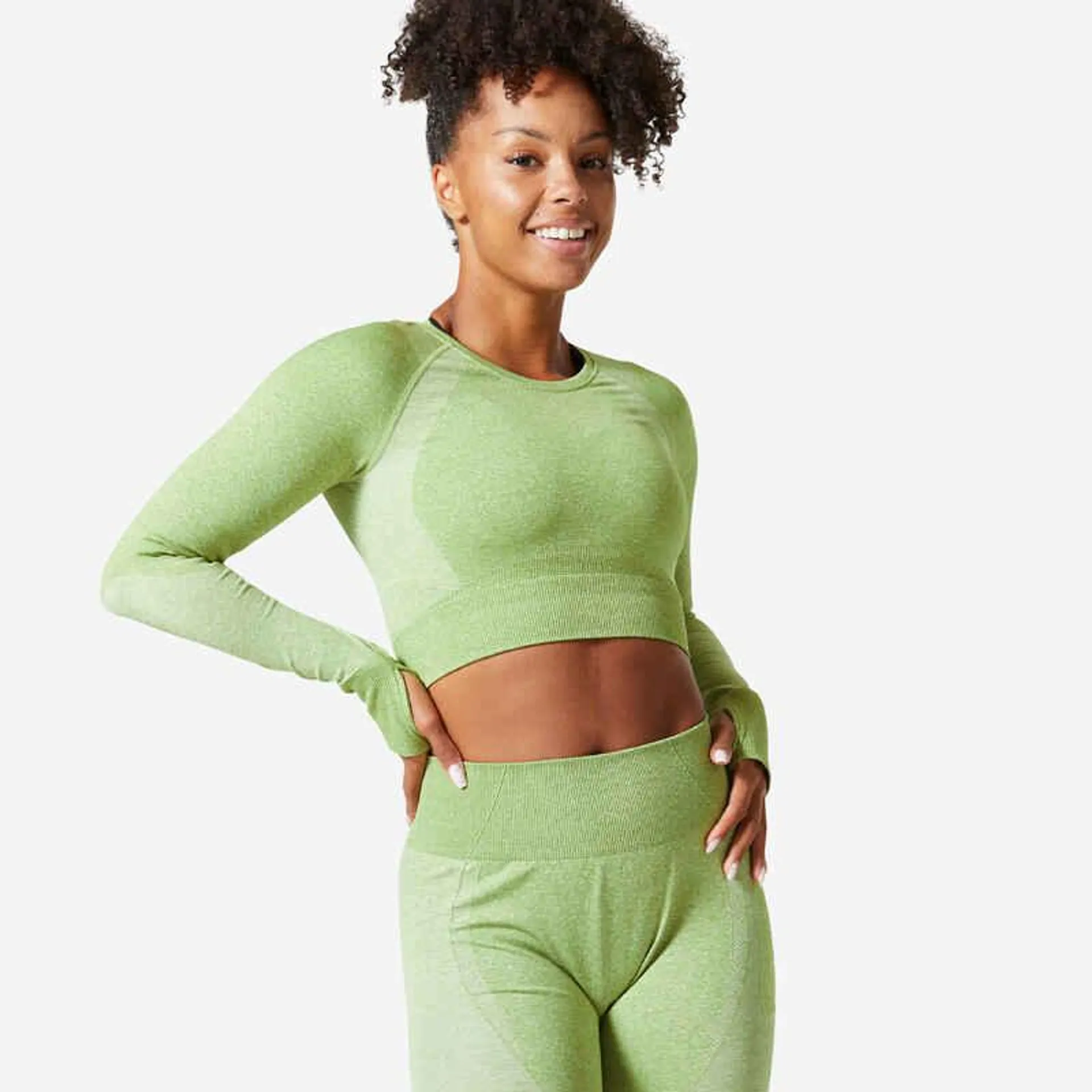 Polera Fitness Verde Oliva Crop Top Manga Larga Sin Costuras