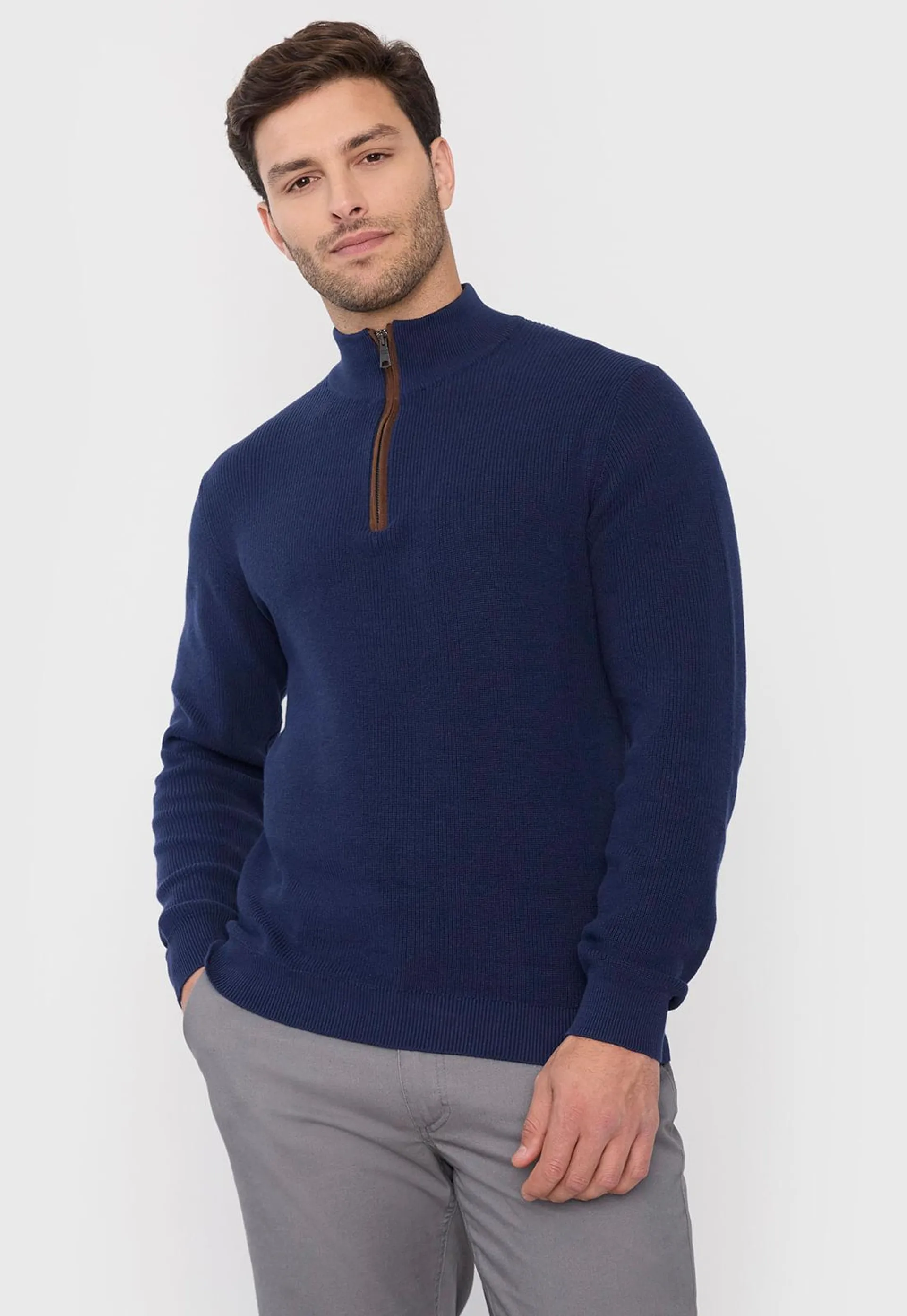 Sweater Hombre Half Zipper Suede Navy