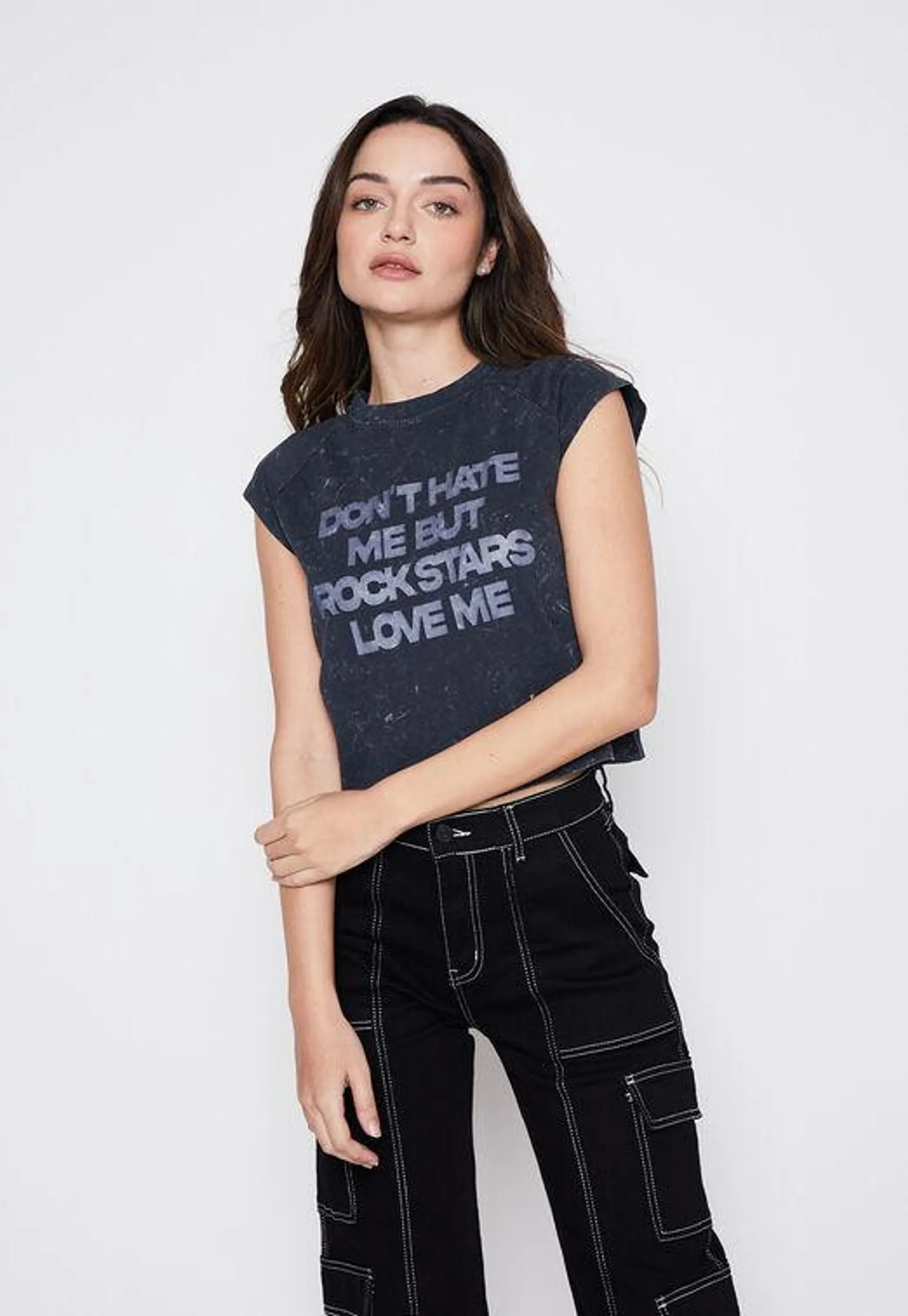 Polera Mujer Gris Crop Letras Family Shop