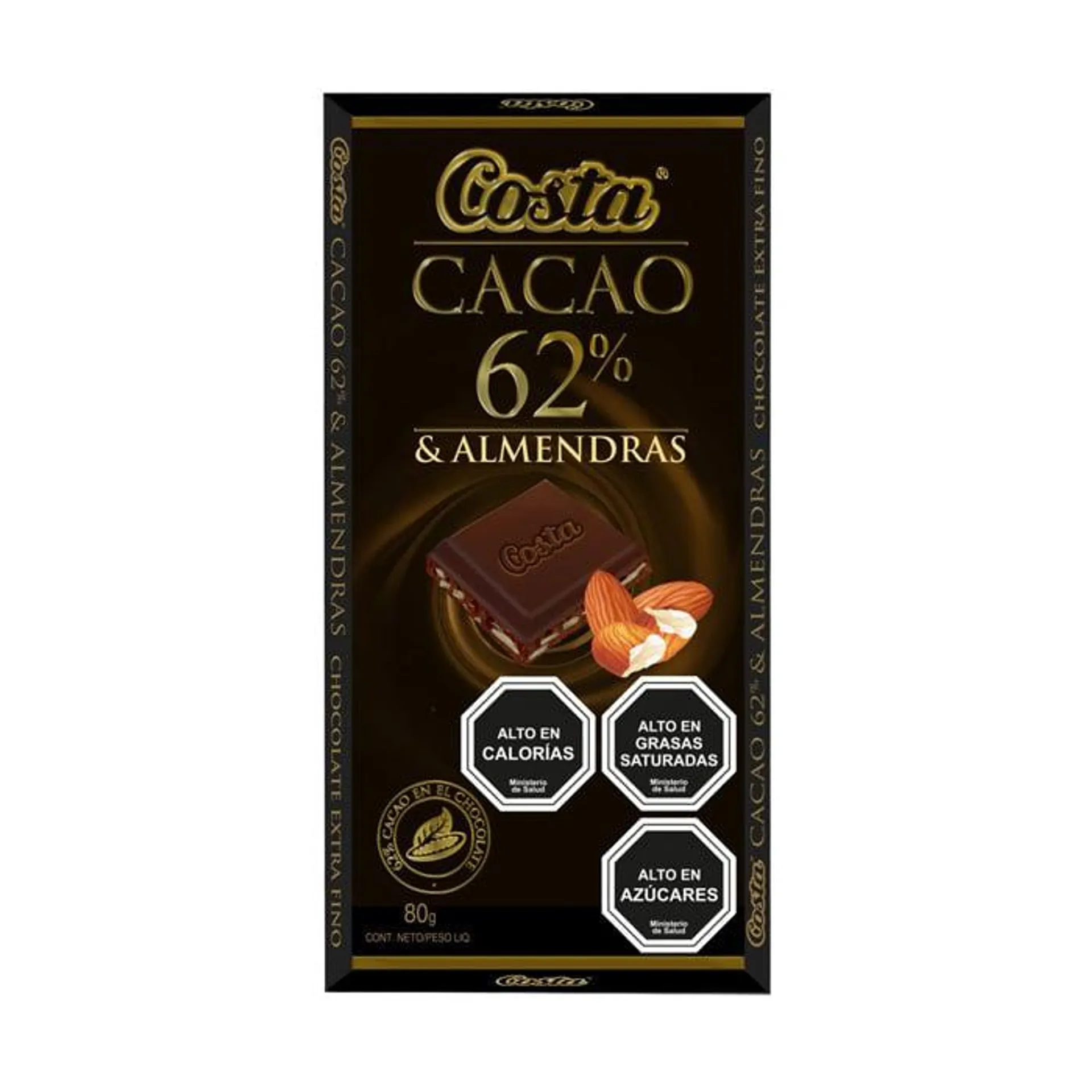 Chocolate Costa 62 % Cacao Almendra 80 Gr.