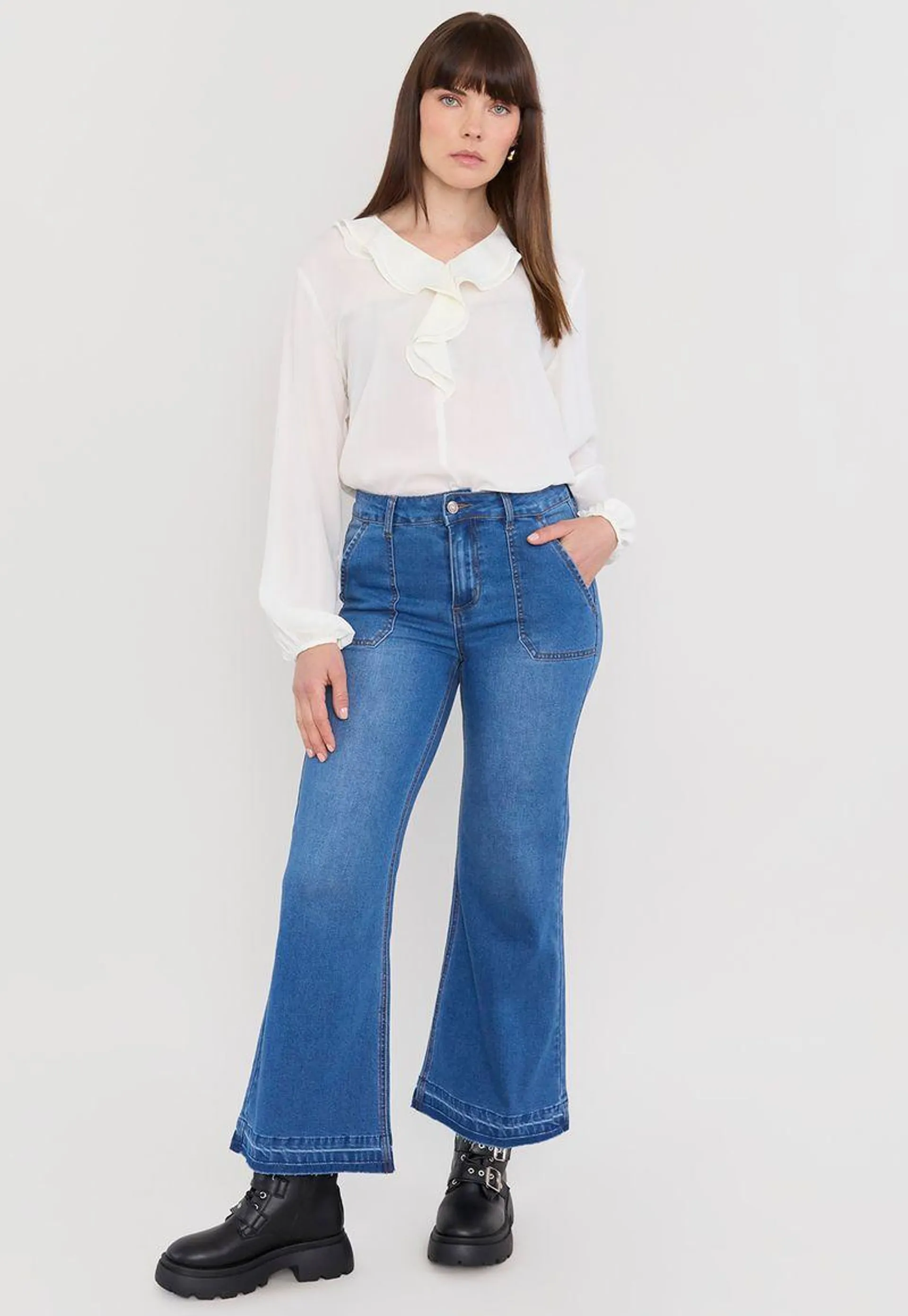 Jeans Mujer Wide Leg Bolsillos Azul Medio