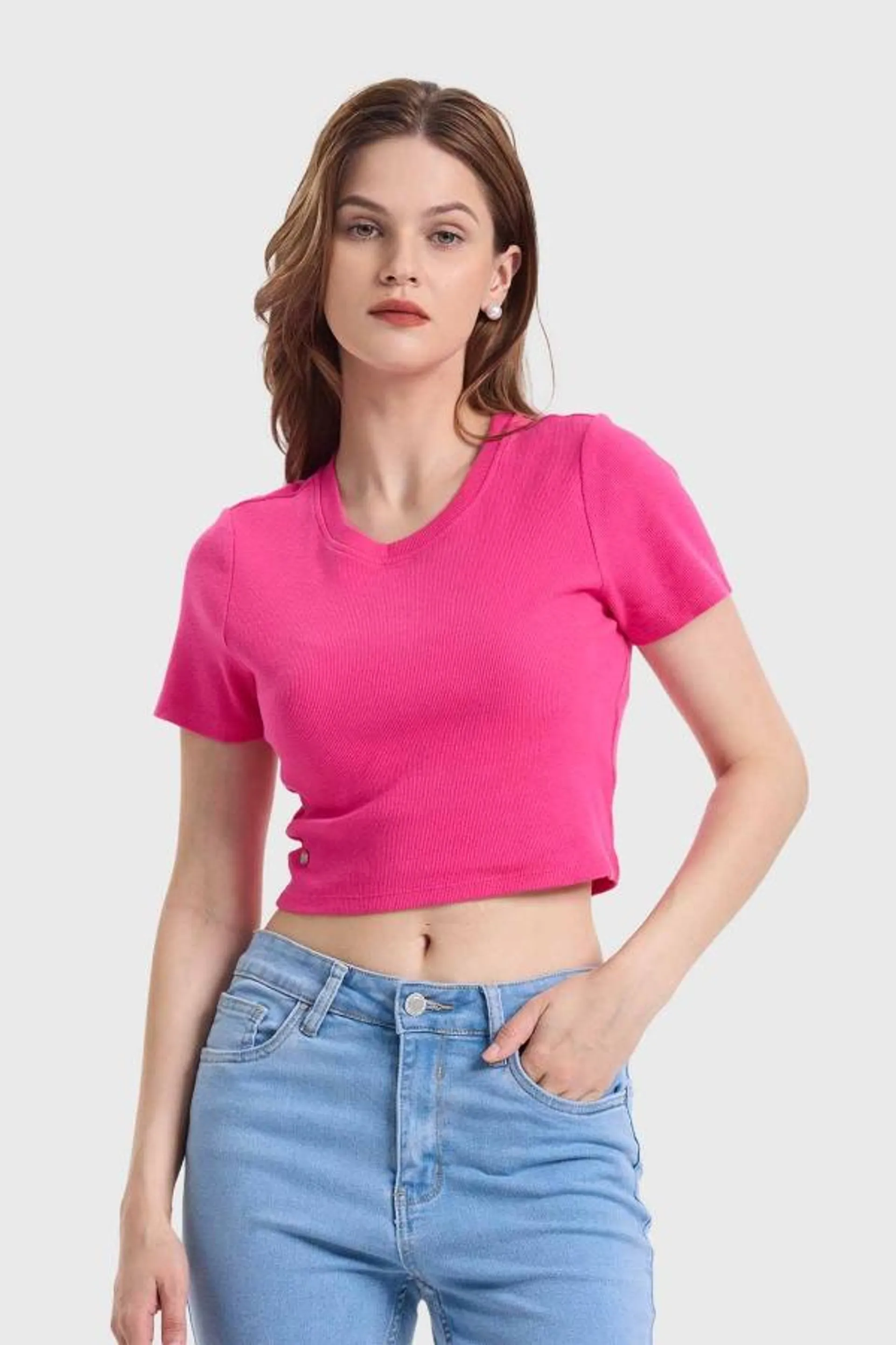 Polera mujer cropped fucsia