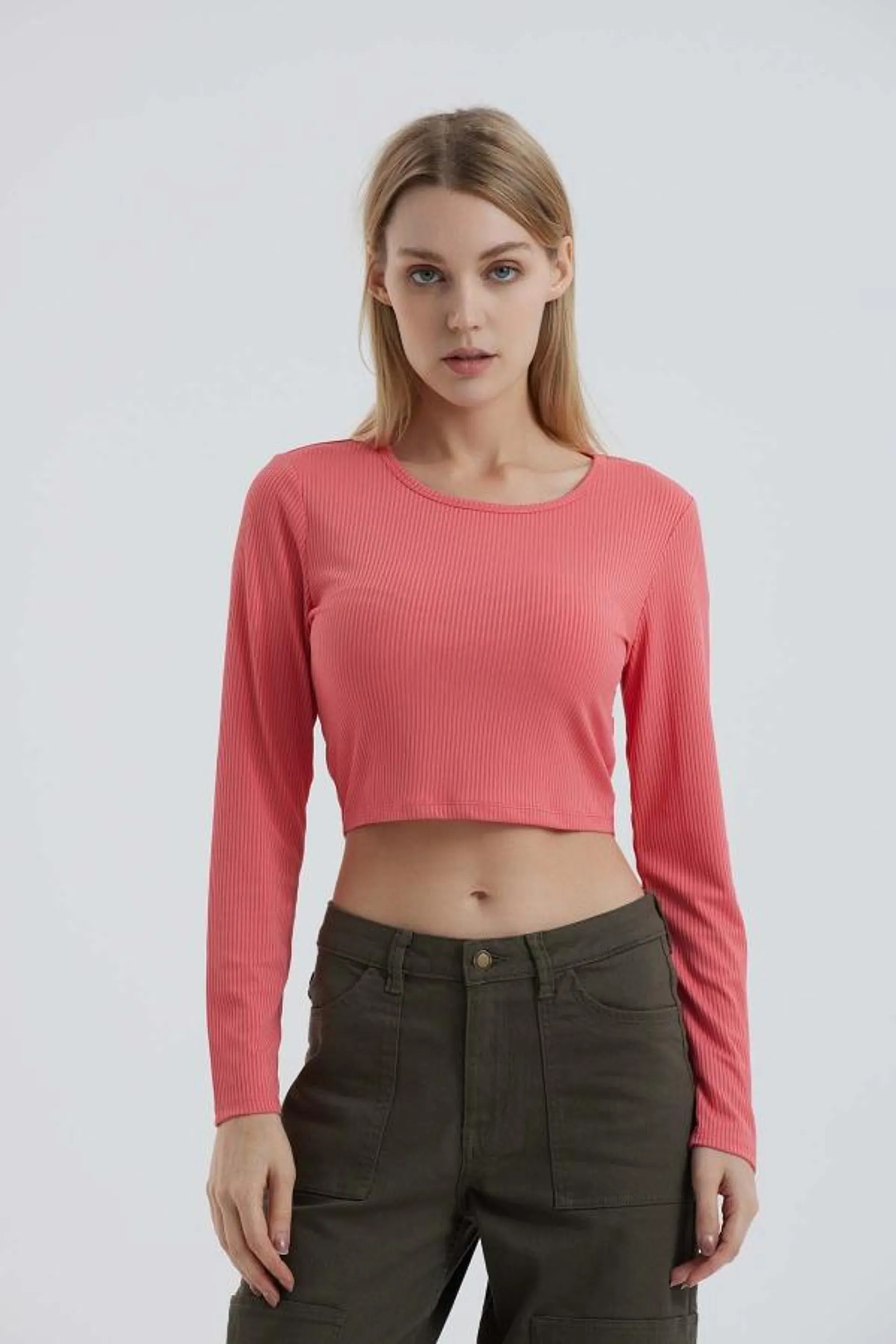 Polera mujer top escote en espalda coral