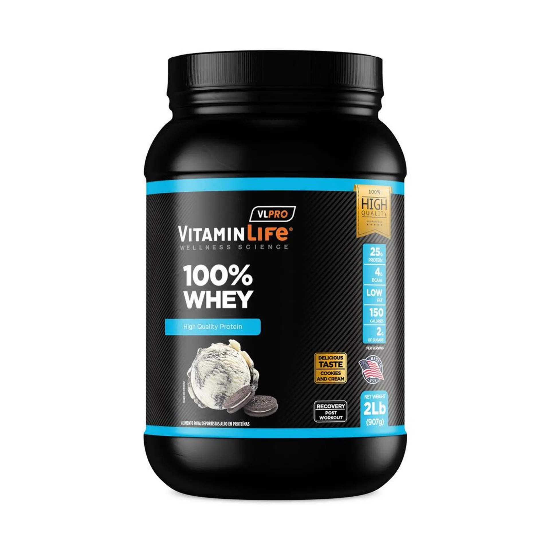 VitaminLife Proteína Whey Protein 100% Sabor Cookies y Crema VL Pro 907g