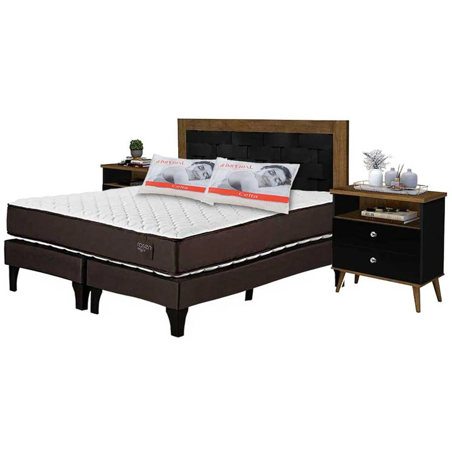 Combo Cama Europea Rosen Base Dividida 2 Plazas Ergo T + Respaldo + 2 Veladores Dreams Treliza Negro + Pack Almohadas Celta Imperial Soft