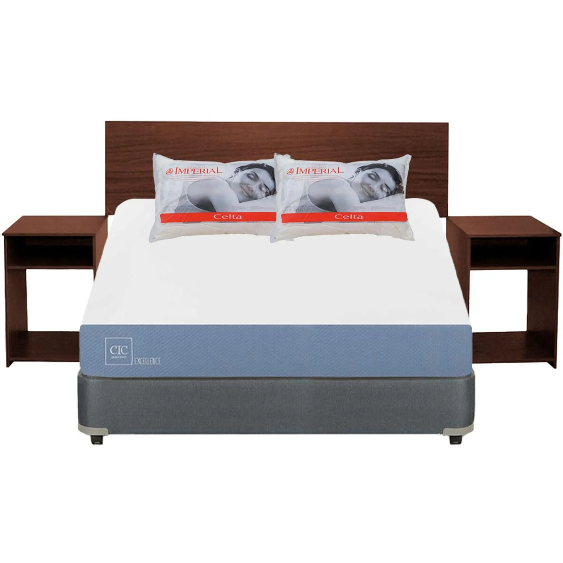 Combo Box Americano CIC 2 Plazas Excellence + Set Maderas Casanova Nogal + Pack 2 Almohadas Celta Imperial Soft