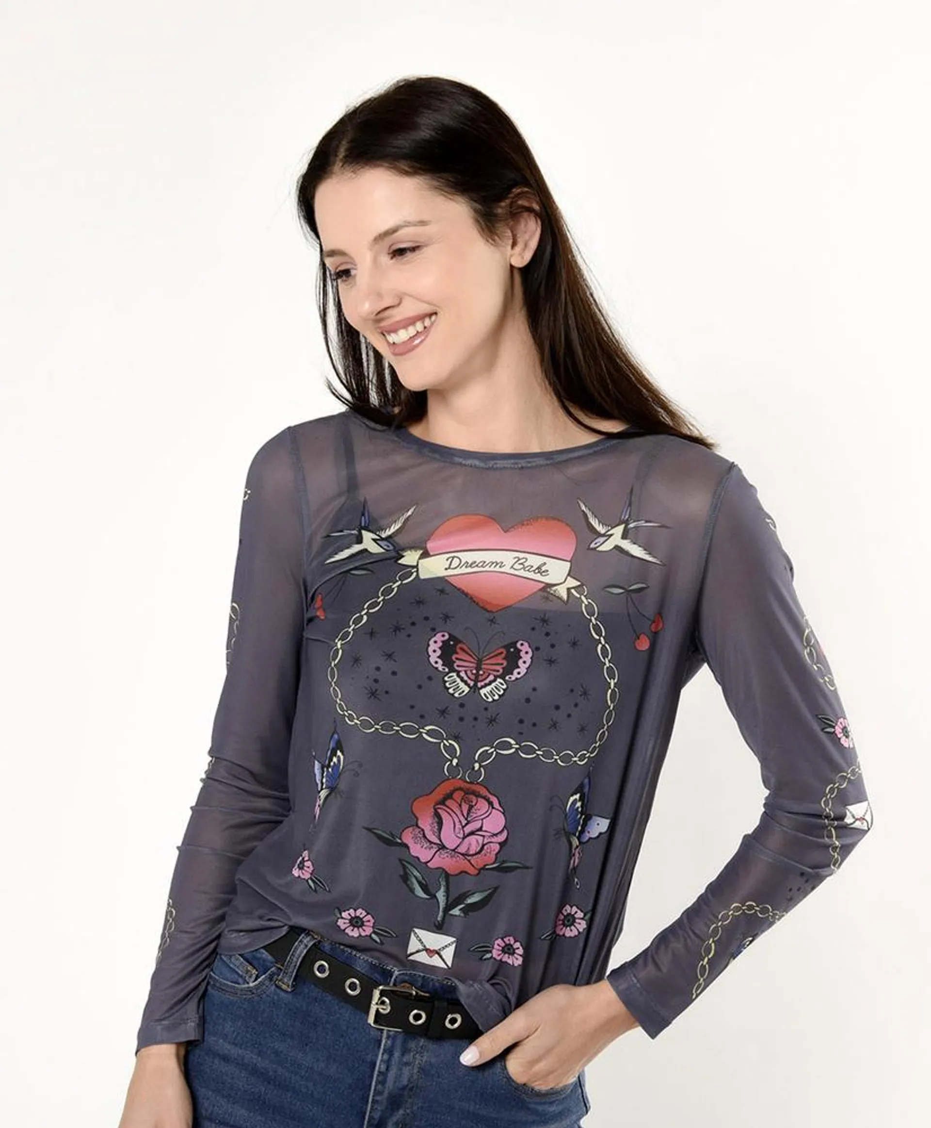 Polera mujer mesh estampada