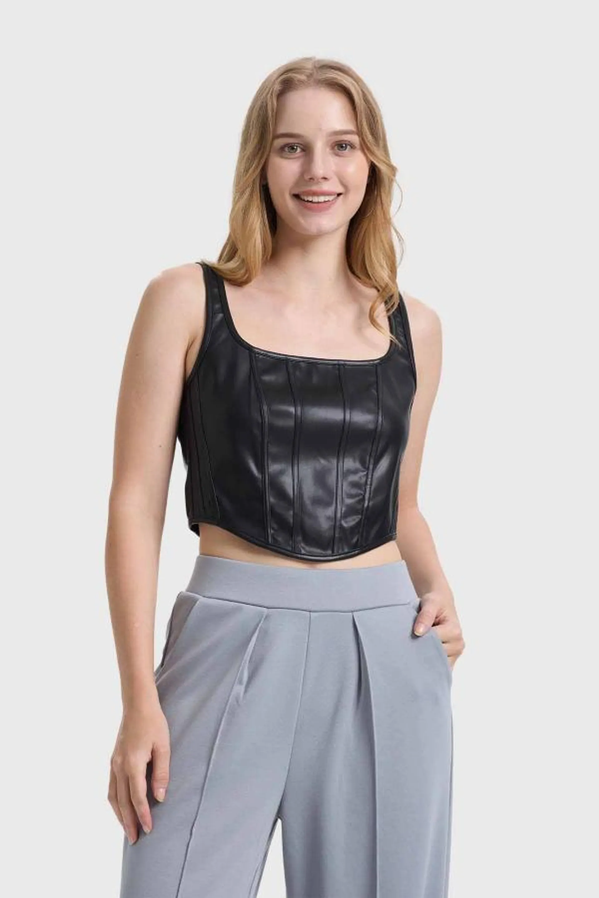 Blusa mujer corset efecto cuero negro