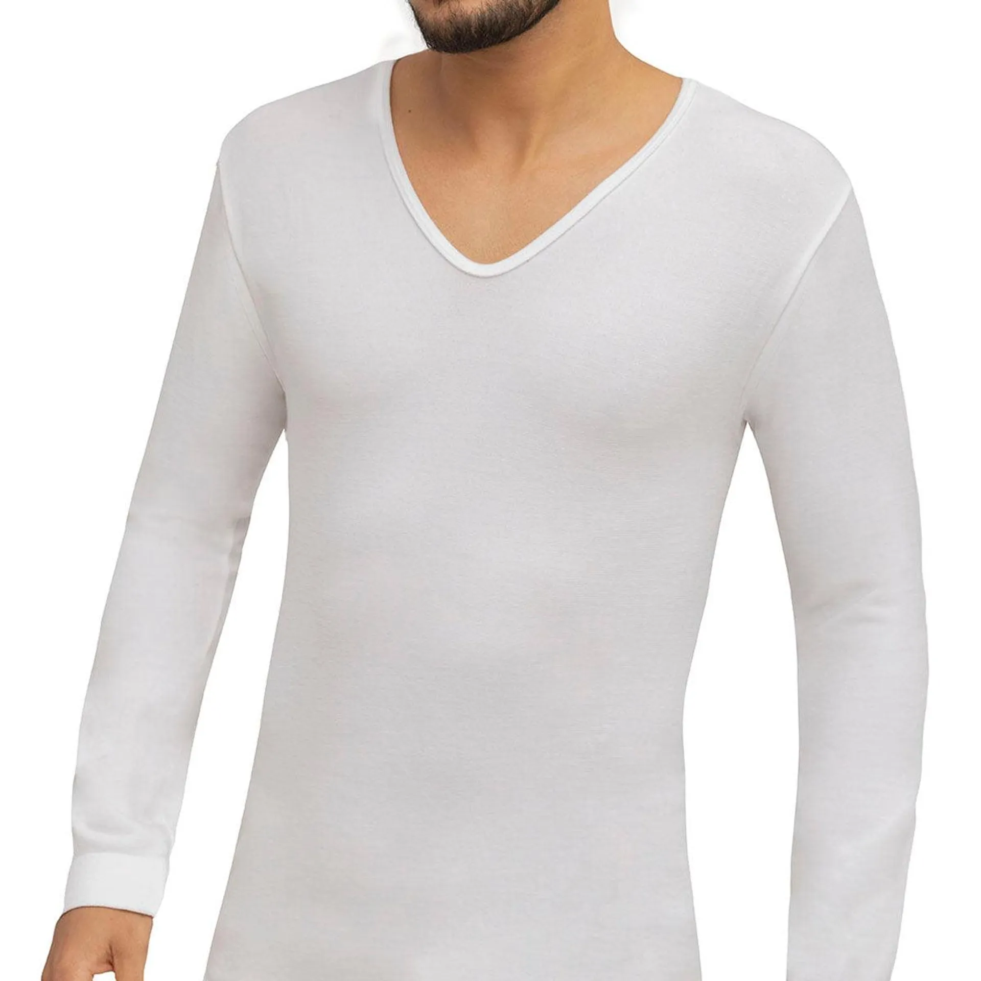 Tais - Camiseta Hombre Primera Capa Cuello V Manga Larga Lana Merino Crudo