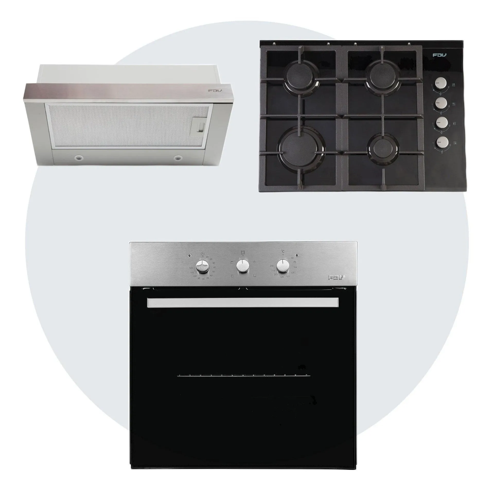 Kit Horno Design 52 Lts + Campana Easy Flow 60cm + Encimera Crystal 4G Licuado FDV