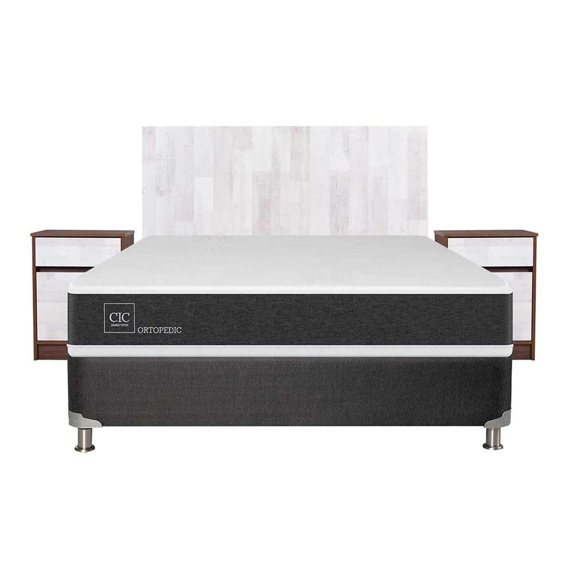 Box Spring CIC 2 Plazas Ortopedic + Respaldo + 2 Veladores