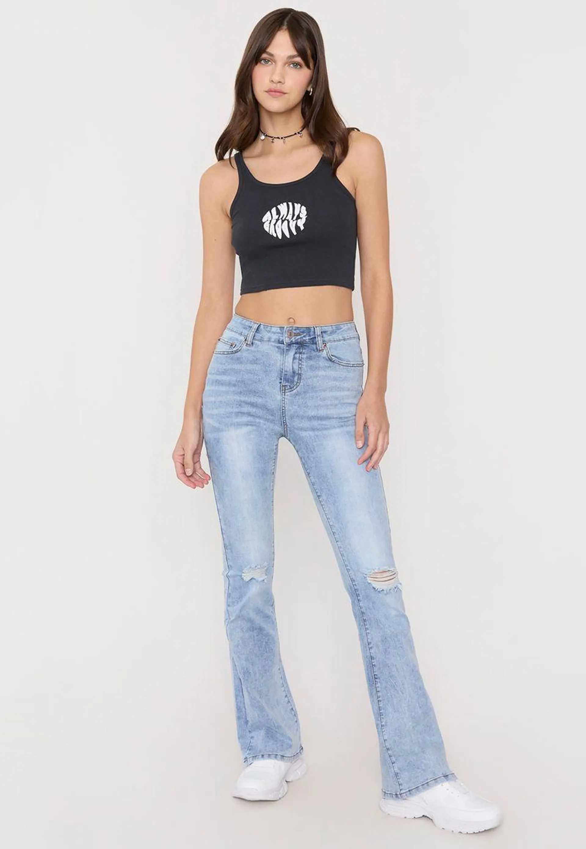 Jeans Mujer Flare Roturas Azul Claro