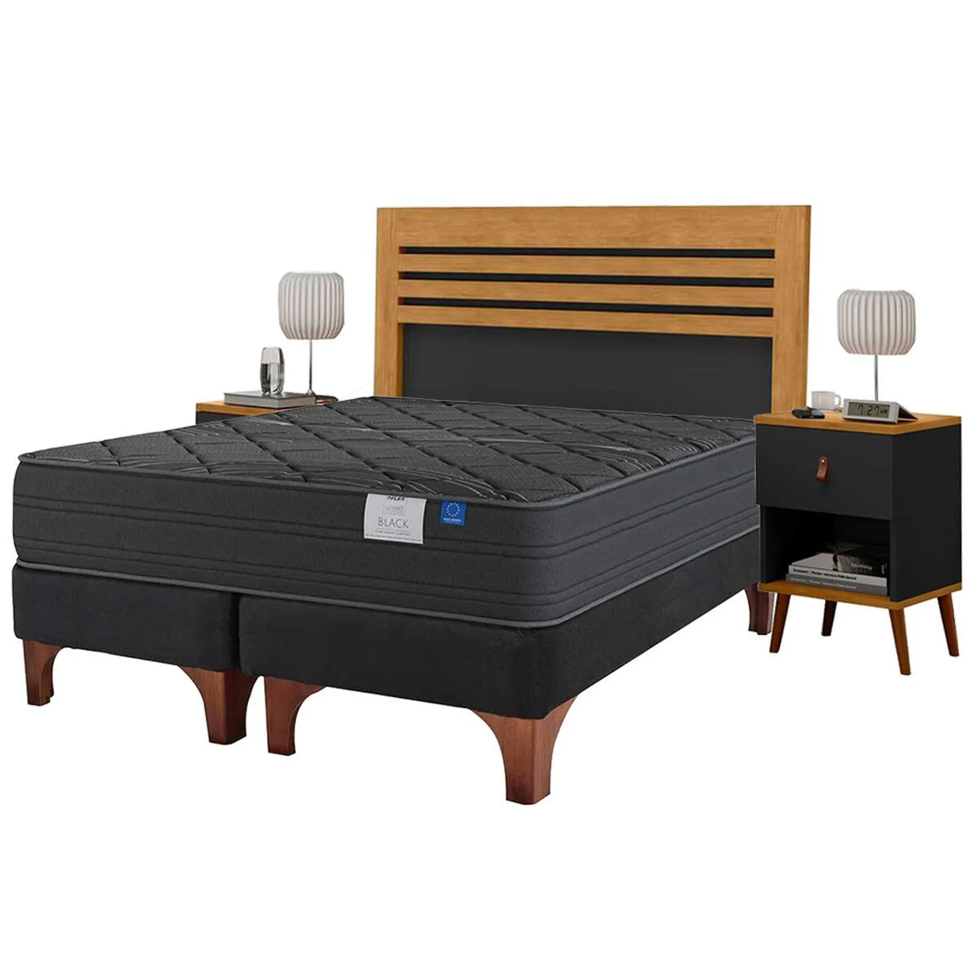 Combo Cama Europea Flex Base Dividida 2 Plazas Black + Respaldo + 2 Veladores Casanova 2 Plazas Naturale Negro